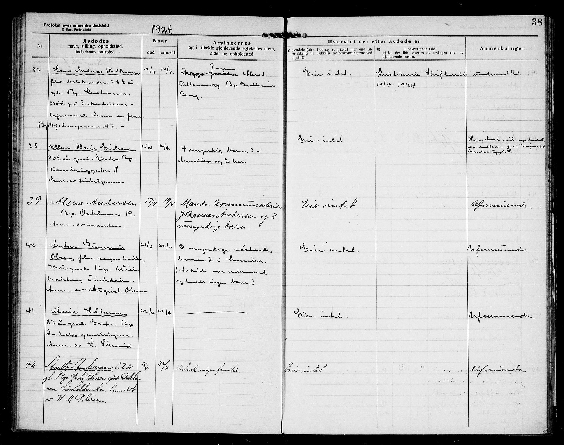 Halden byfogd, AV/SAO-A-10865/H/Hb/Hba/L0005: Dødsanmeldelsesprotokoll, 1922-1927, p. 38