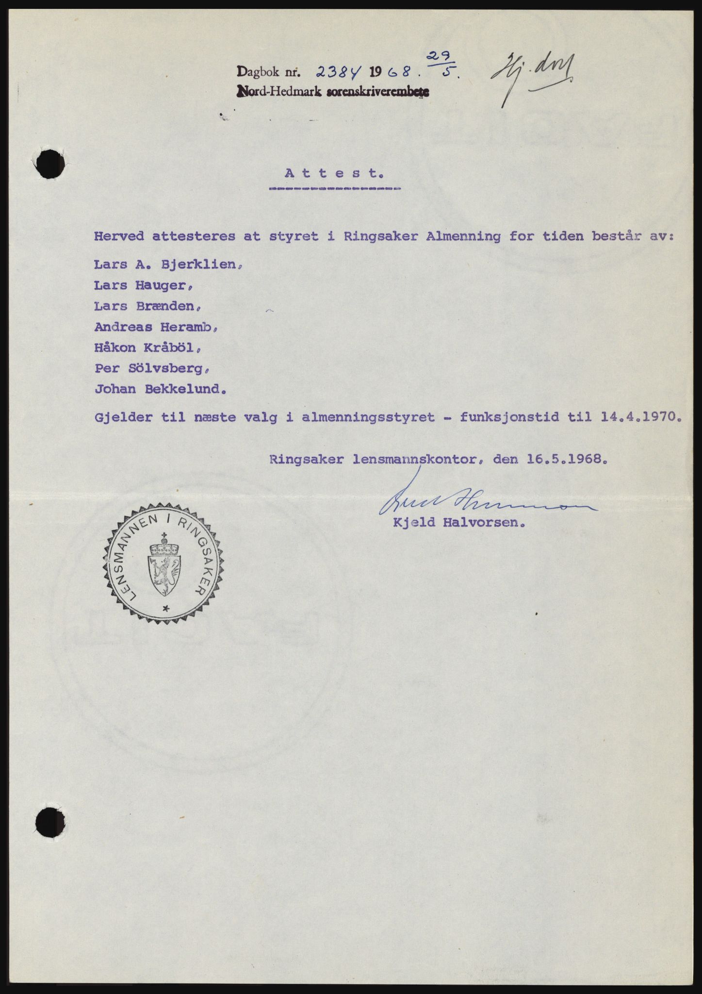 Nord-Hedmark sorenskriveri, AV/SAH-TING-012/H/Hc/L0028: Mortgage book no. 28, 1968-1968, Diary no: : 2384/1968