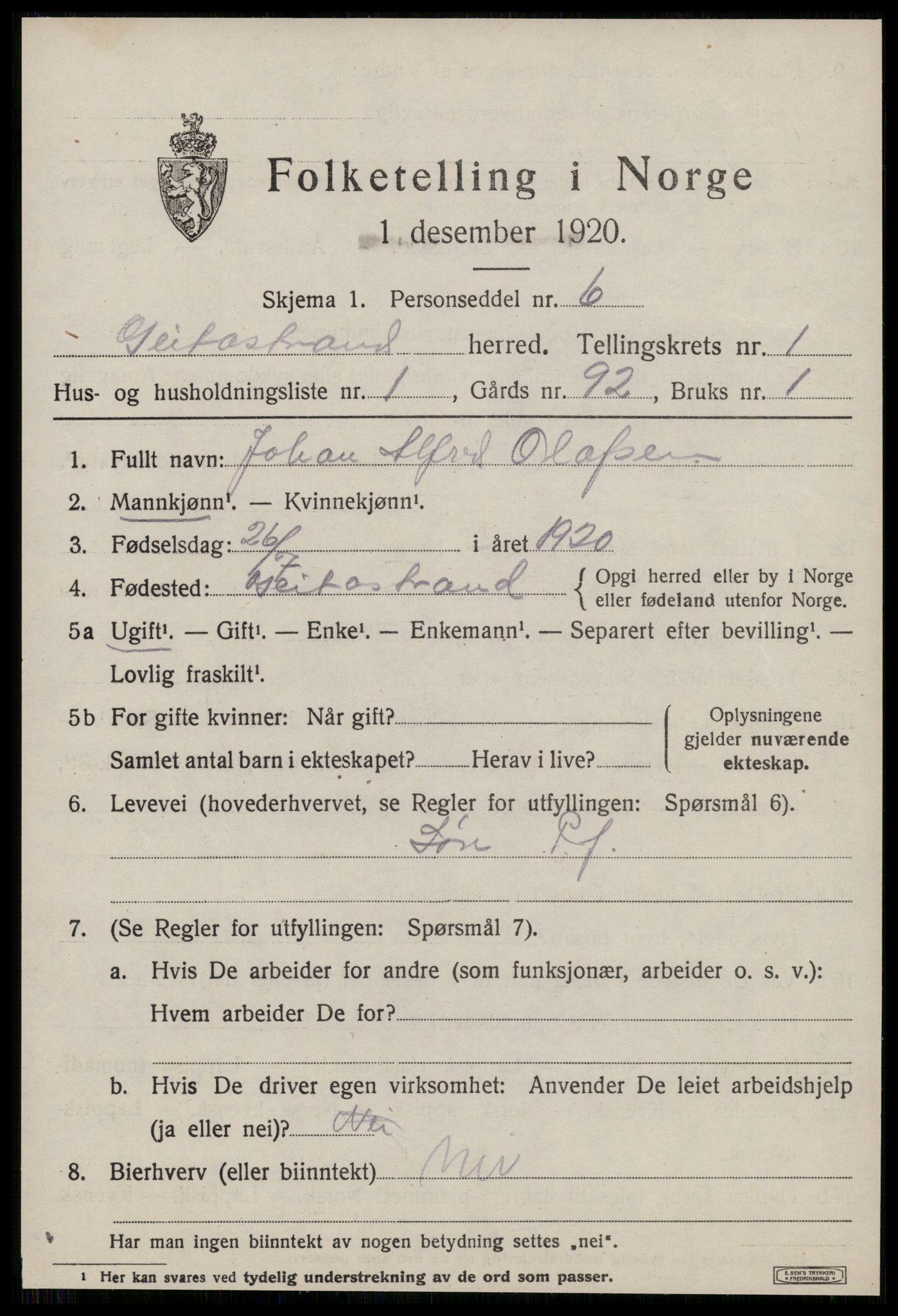 SAT, 1920 census for Geitastrand, 1920, p. 249