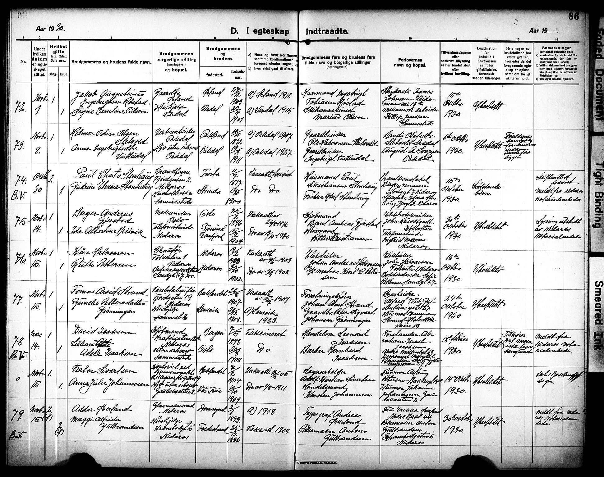 Ministerialprotokoller, klokkerbøker og fødselsregistre - Sør-Trøndelag, AV/SAT-A-1456/602/L0149: Parish register (copy) no. 602C17, 1919-1932, p. 86