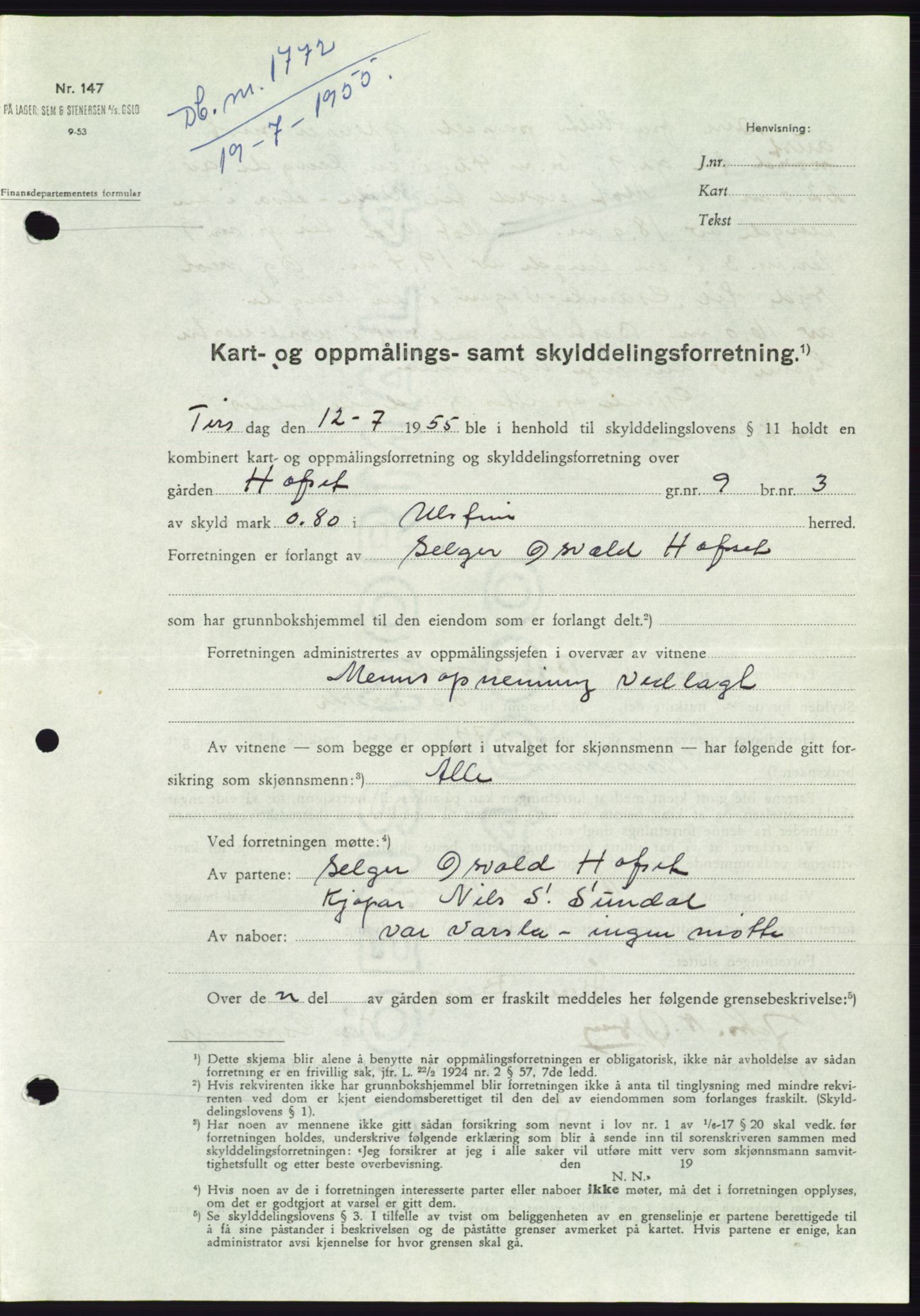 Søre Sunnmøre sorenskriveri, AV/SAT-A-4122/1/2/2C/L0101: Mortgage book no. 27A, 1955-1955, Diary no: : 1772/1955