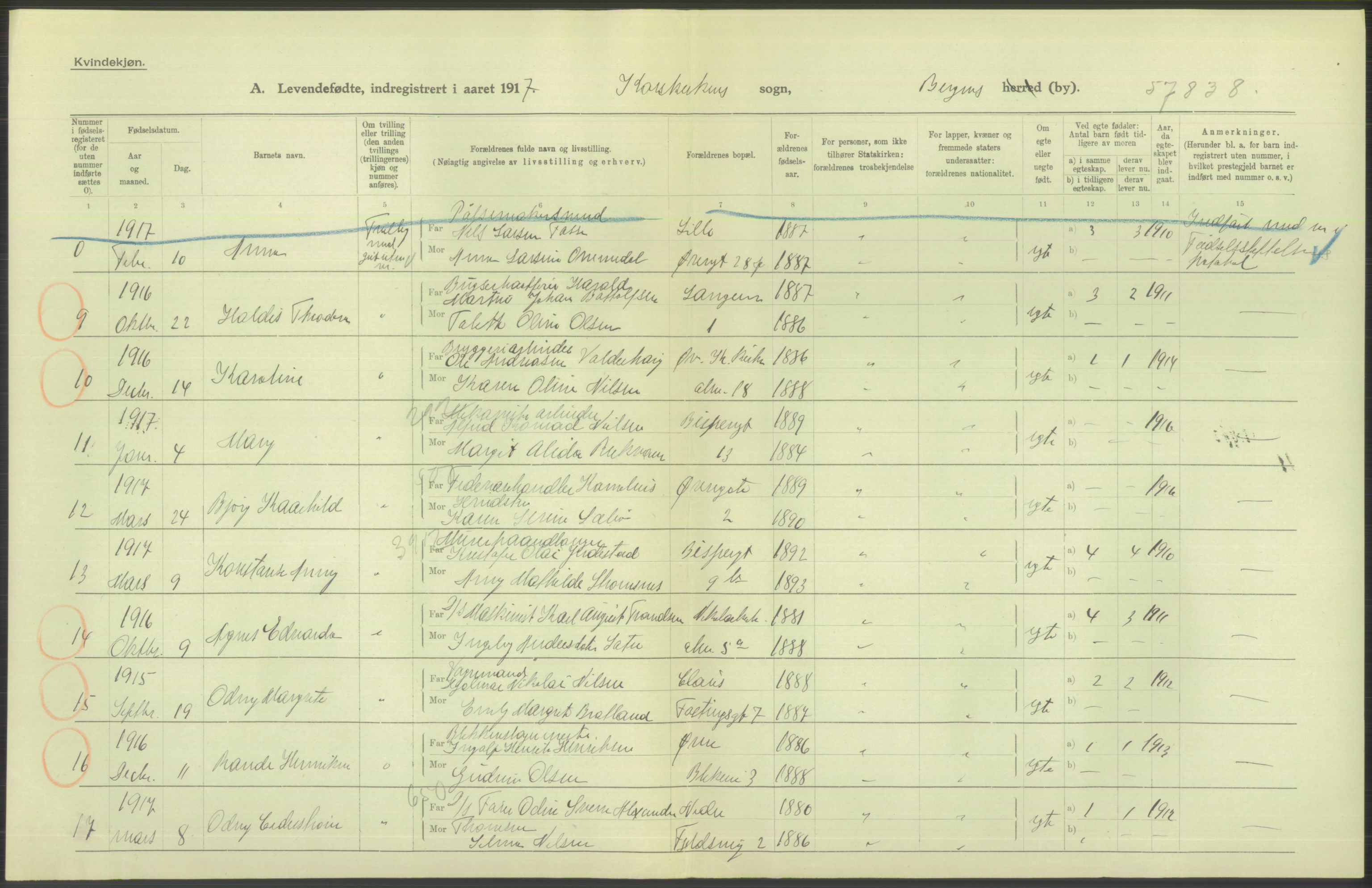 Statistisk sentralbyrå, Sosiodemografiske emner, Befolkning, RA/S-2228/D/Df/Dfb/Dfbg/L0037: Bergen: Levendefødte menn og kvinner., 1917, p. 388