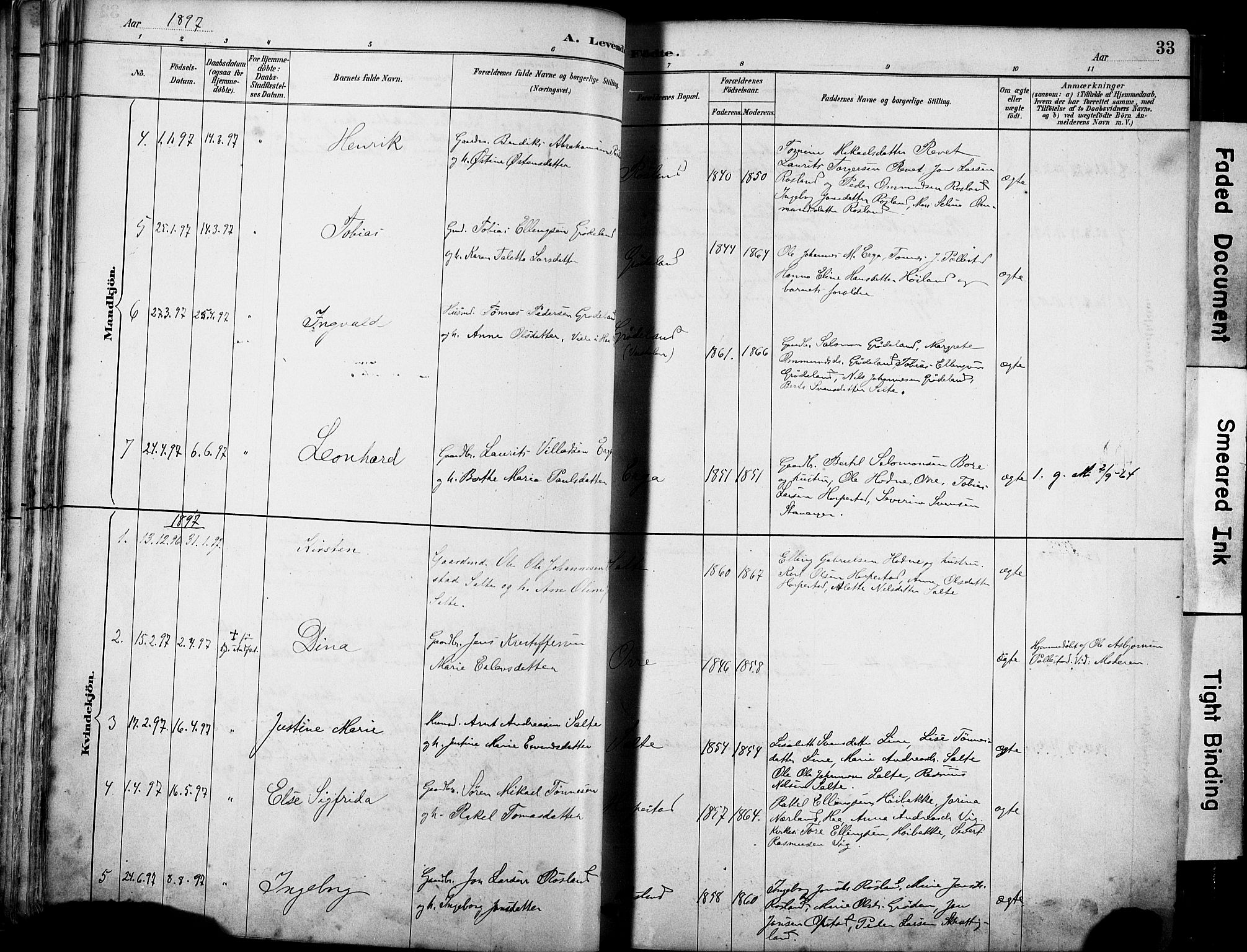 Klepp sokneprestkontor, AV/SAST-A-101803/001/3/30BA/L0007: Parish register (official) no. A 8, 1886-1912, p. 33