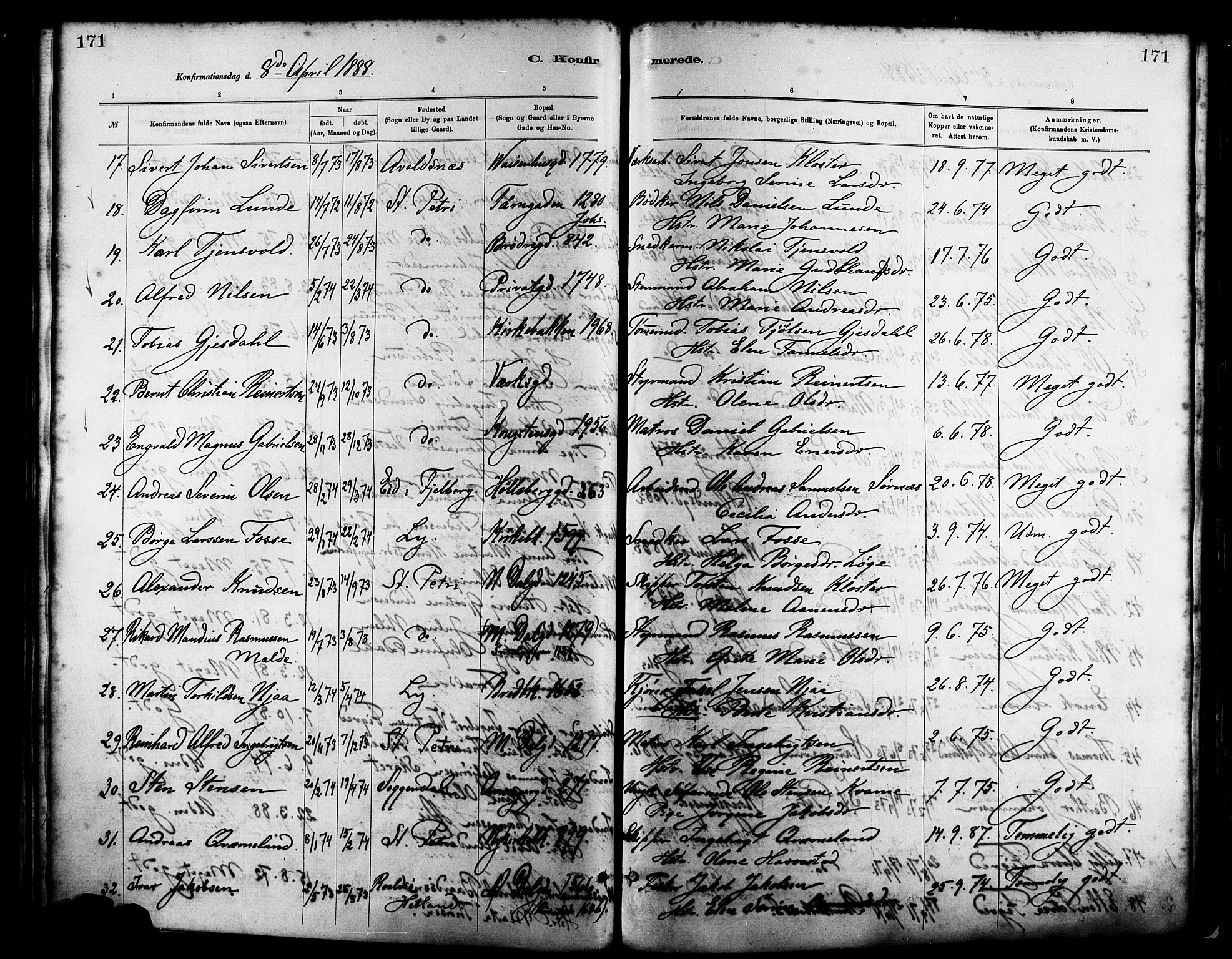 St. Petri sokneprestkontor, AV/SAST-A-101813/001/30/30BA/L0016: Parish register (official) no. A 16, 1879-1893, p. 171