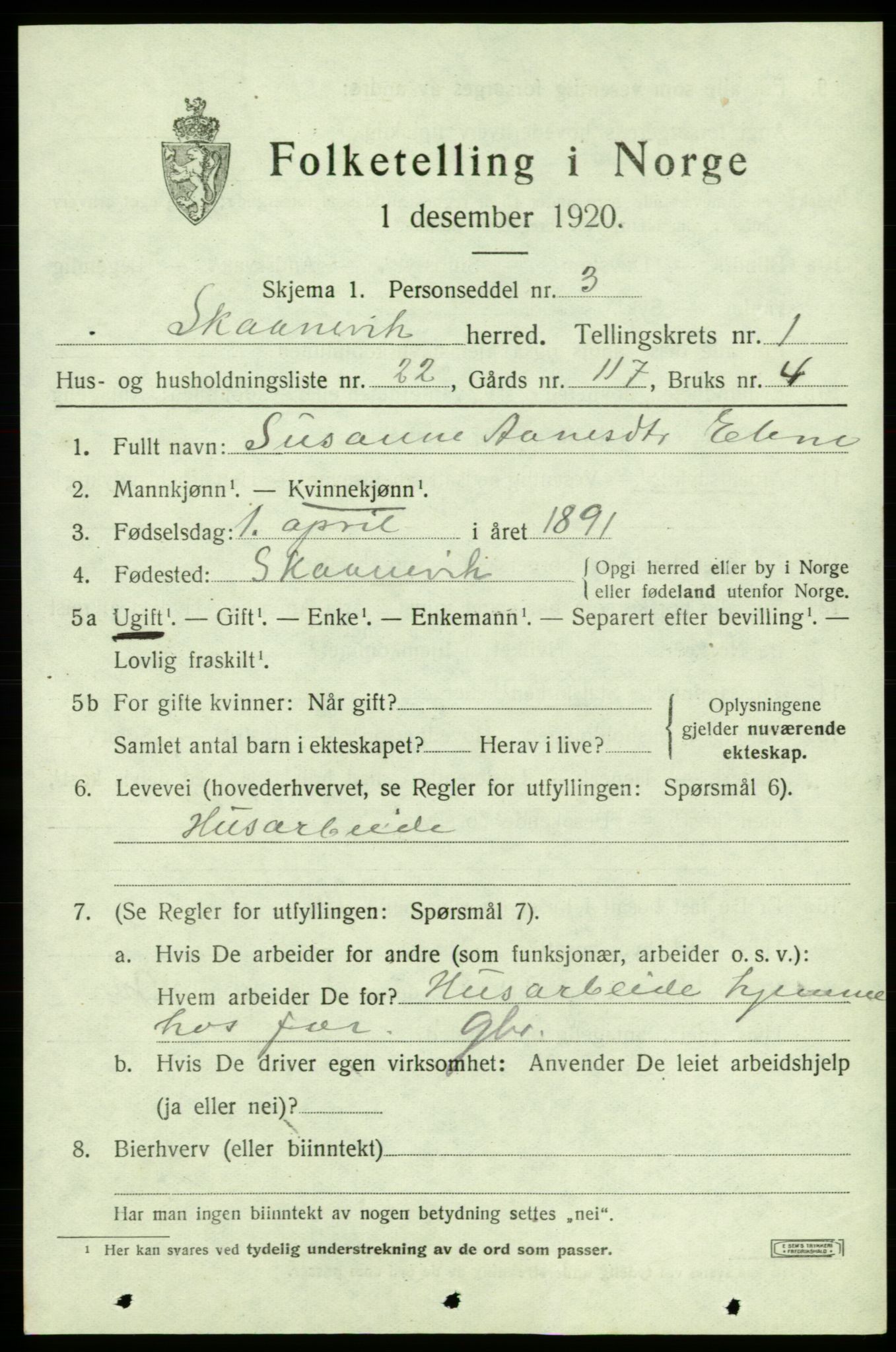 SAB, 1920 census for Skånevik, 1920, p. 2457