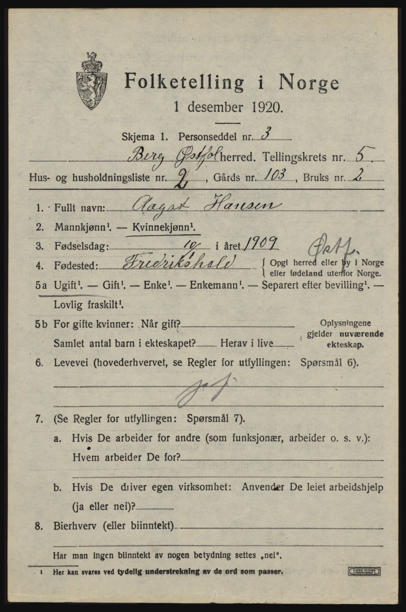 SAO, 1920 census for Berg, 1920, p. 9245