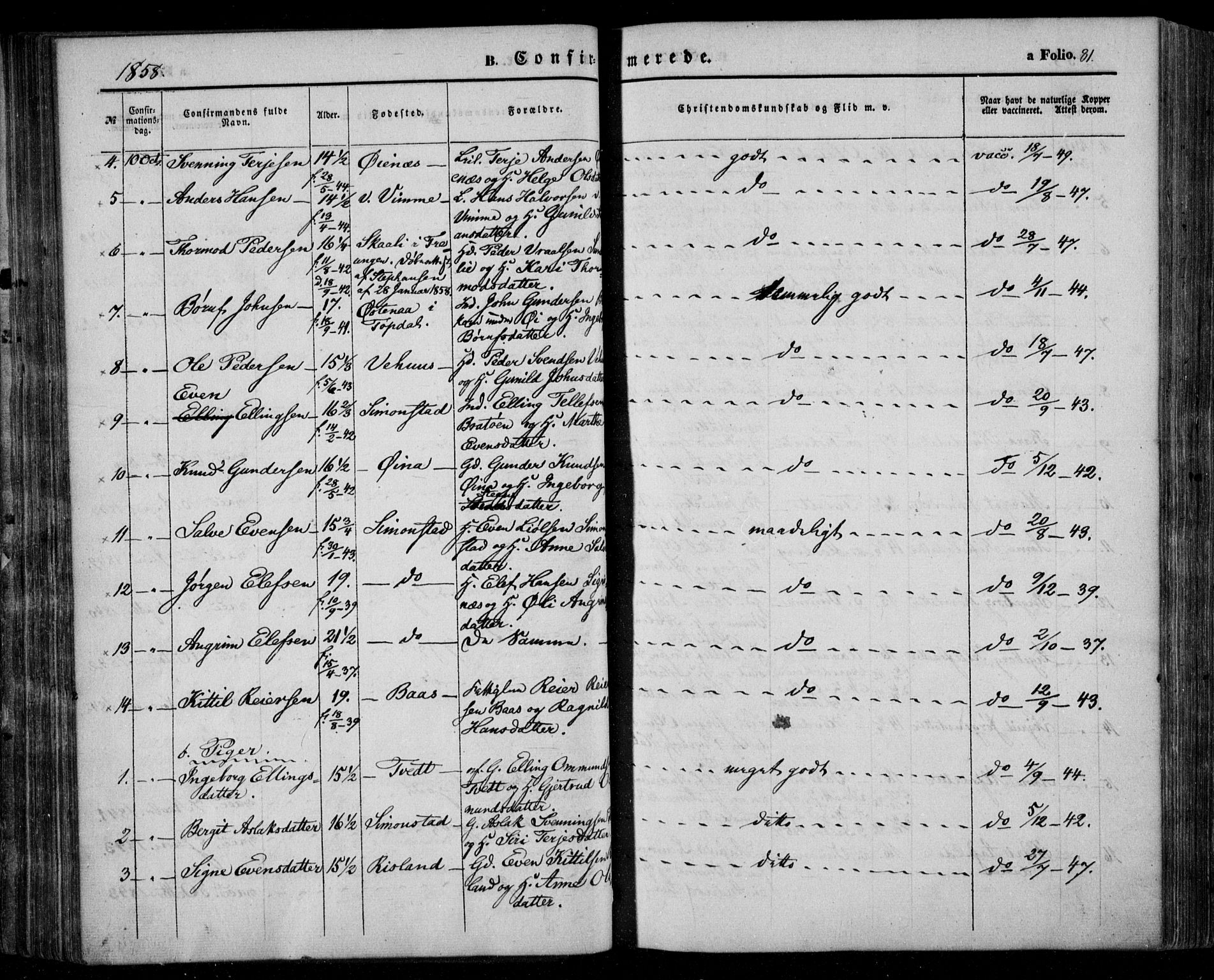 Åmli sokneprestkontor, SAK/1111-0050/F/Fa/Fac/L0008: Parish register (official) no. A 8, 1852-1869, p. 81