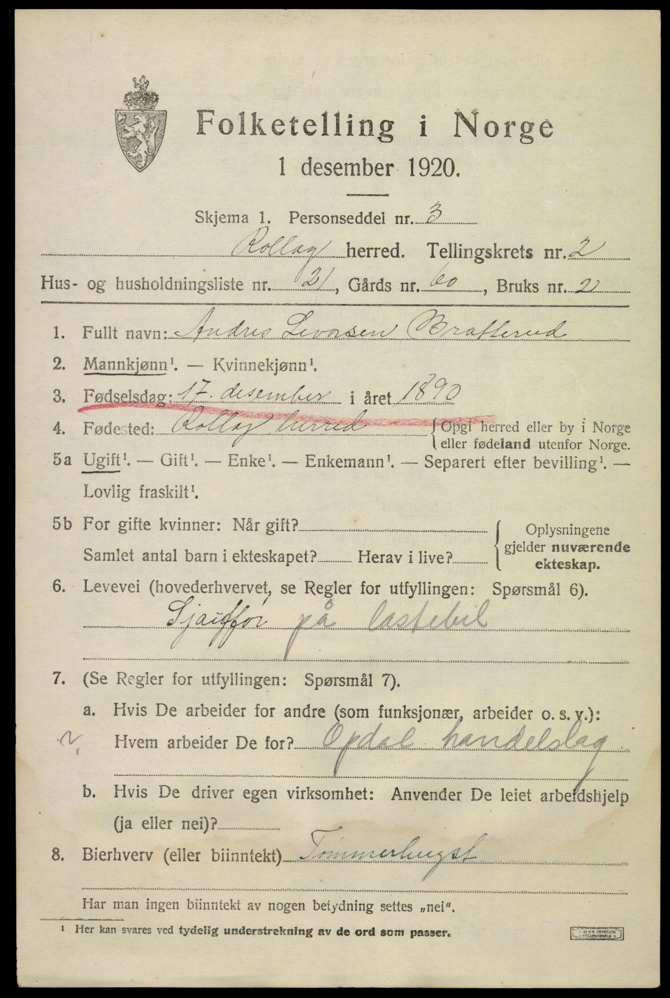 SAKO, 1920 census for Rollag, 1920, p. 1190