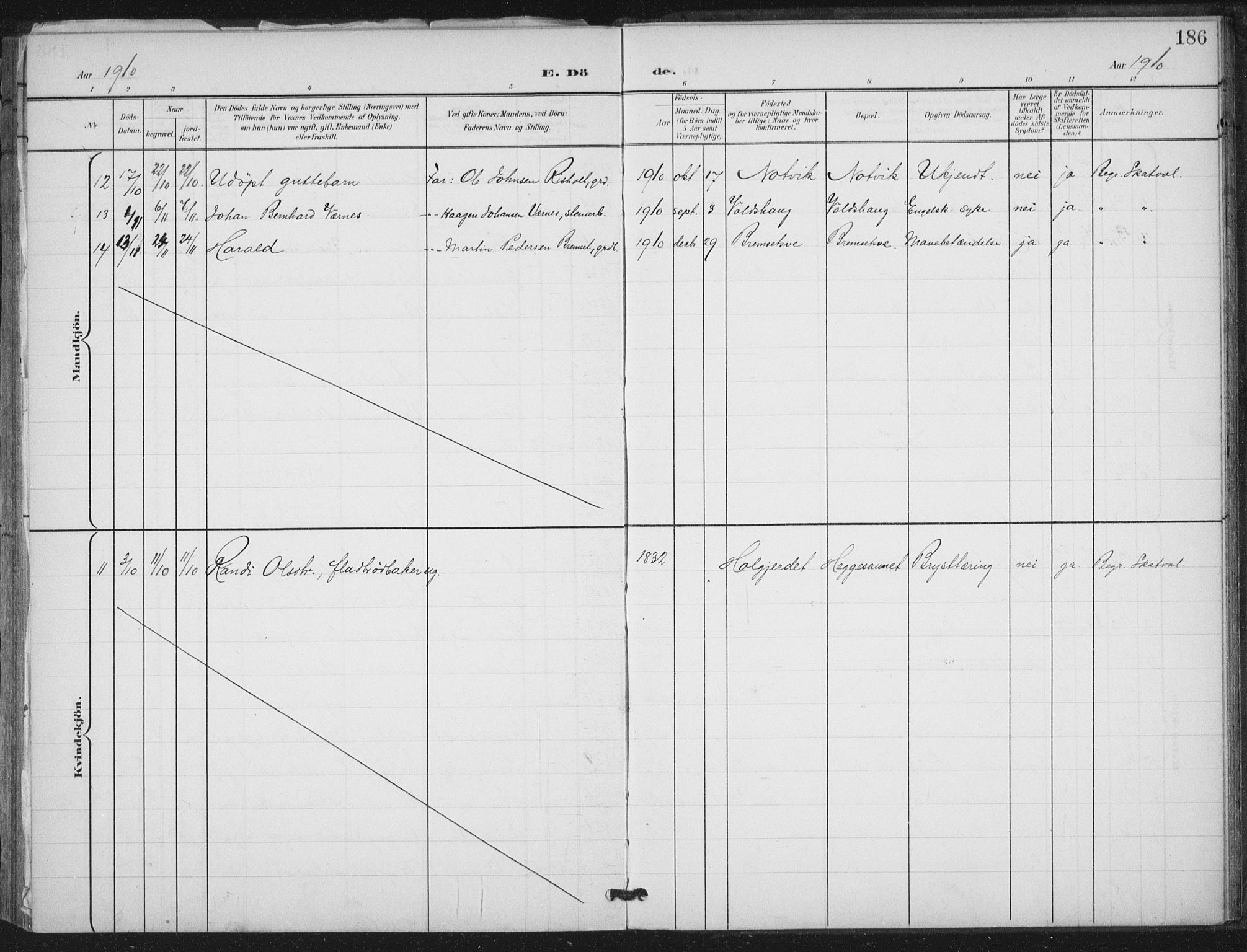Ministerialprotokoller, klokkerbøker og fødselsregistre - Nord-Trøndelag, SAT/A-1458/712/L0101: Parish register (official) no. 712A02, 1901-1916, p. 186