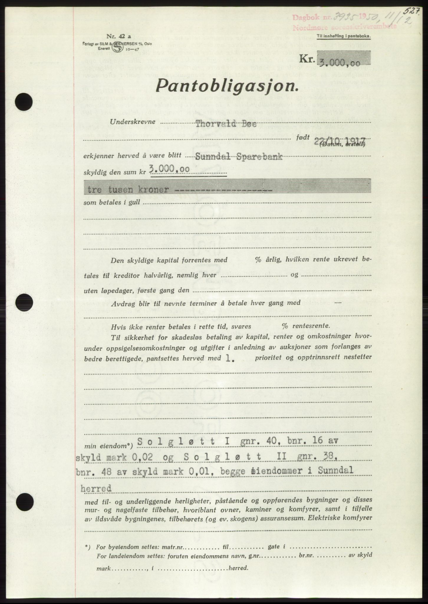 Nordmøre sorenskriveri, AV/SAT-A-4132/1/2/2Ca: Mortgage book no. B106, 1950-1950, Diary no: : 3935/1950