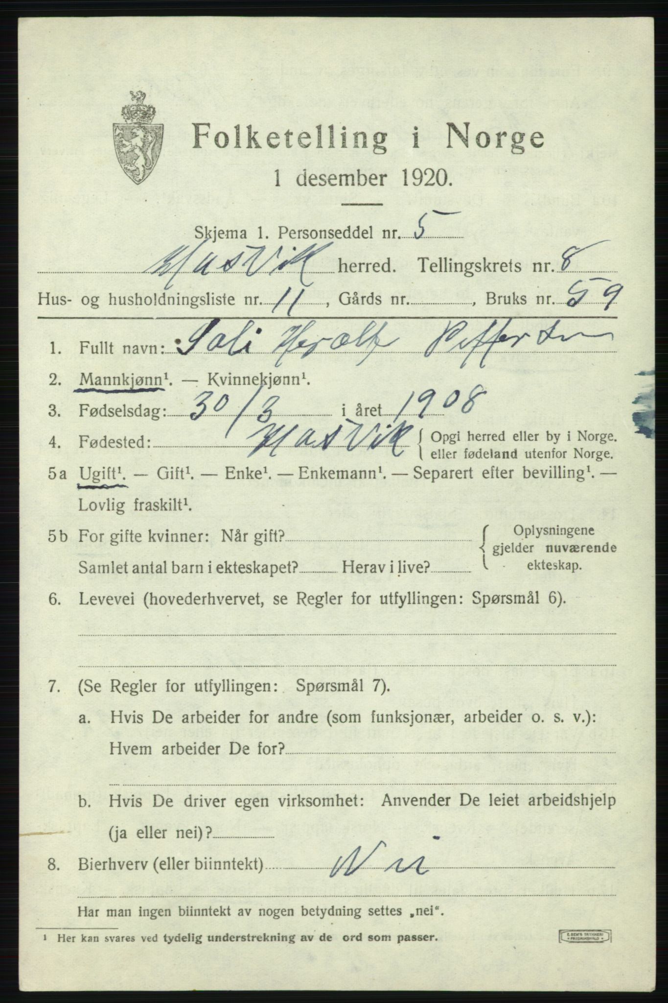 SATØ, 1920 census for Hasvik, 1920, p. 3159