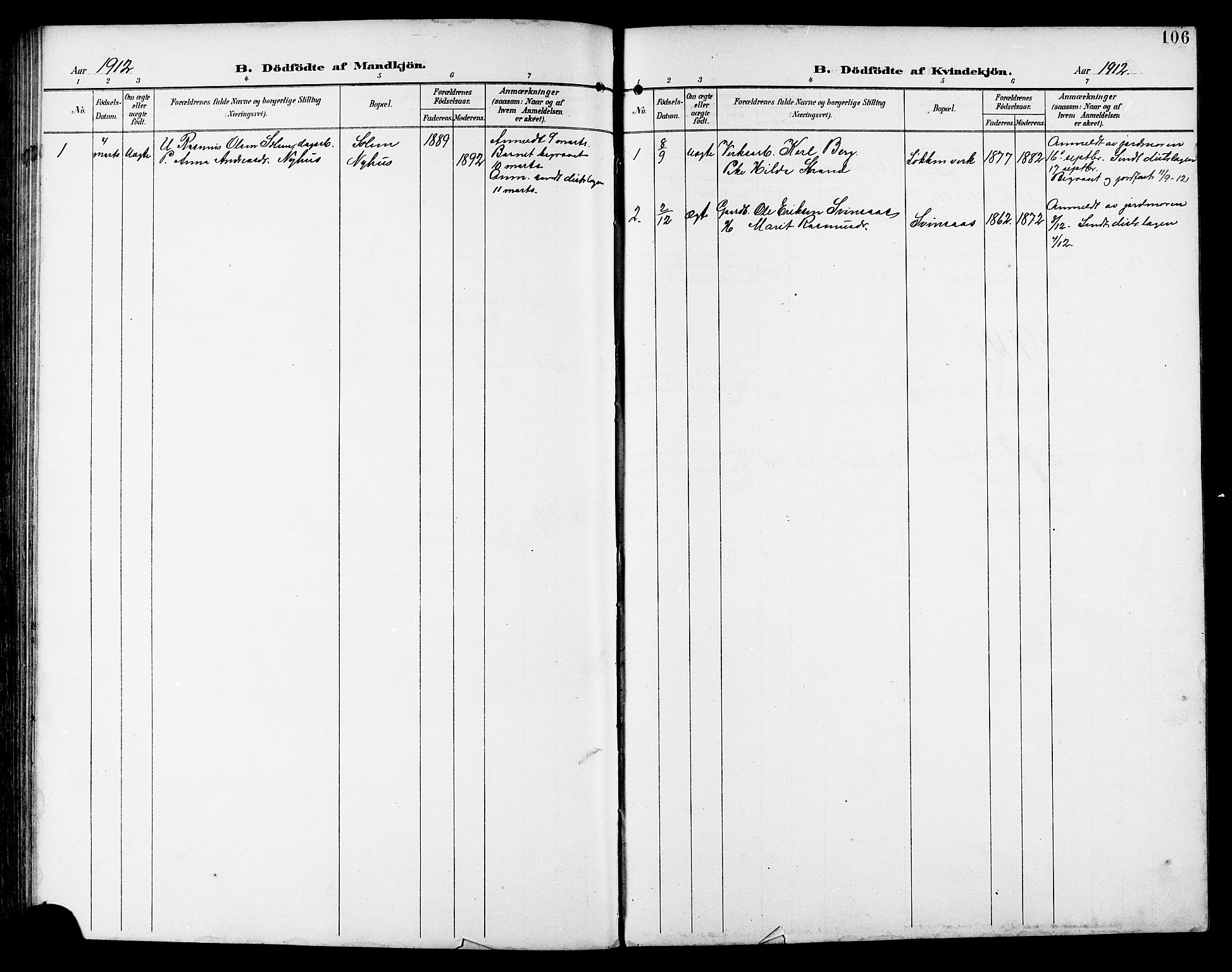 Ministerialprotokoller, klokkerbøker og fødselsregistre - Sør-Trøndelag, SAT/A-1456/672/L0864: Parish register (copy) no. 672C03, 1902-1914, p. 106