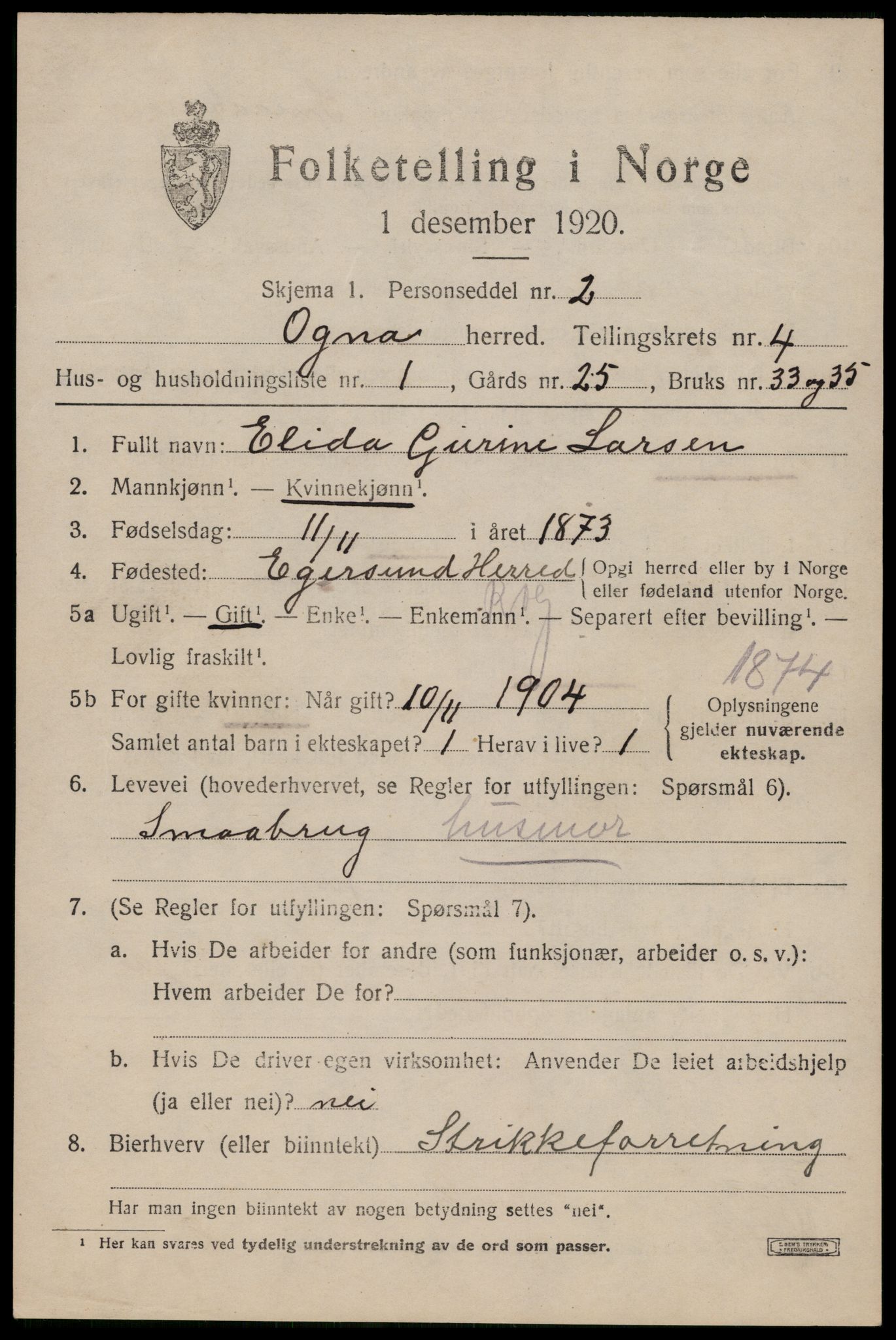 SAST, 1920 census for Ogna, 1920, p. 2449