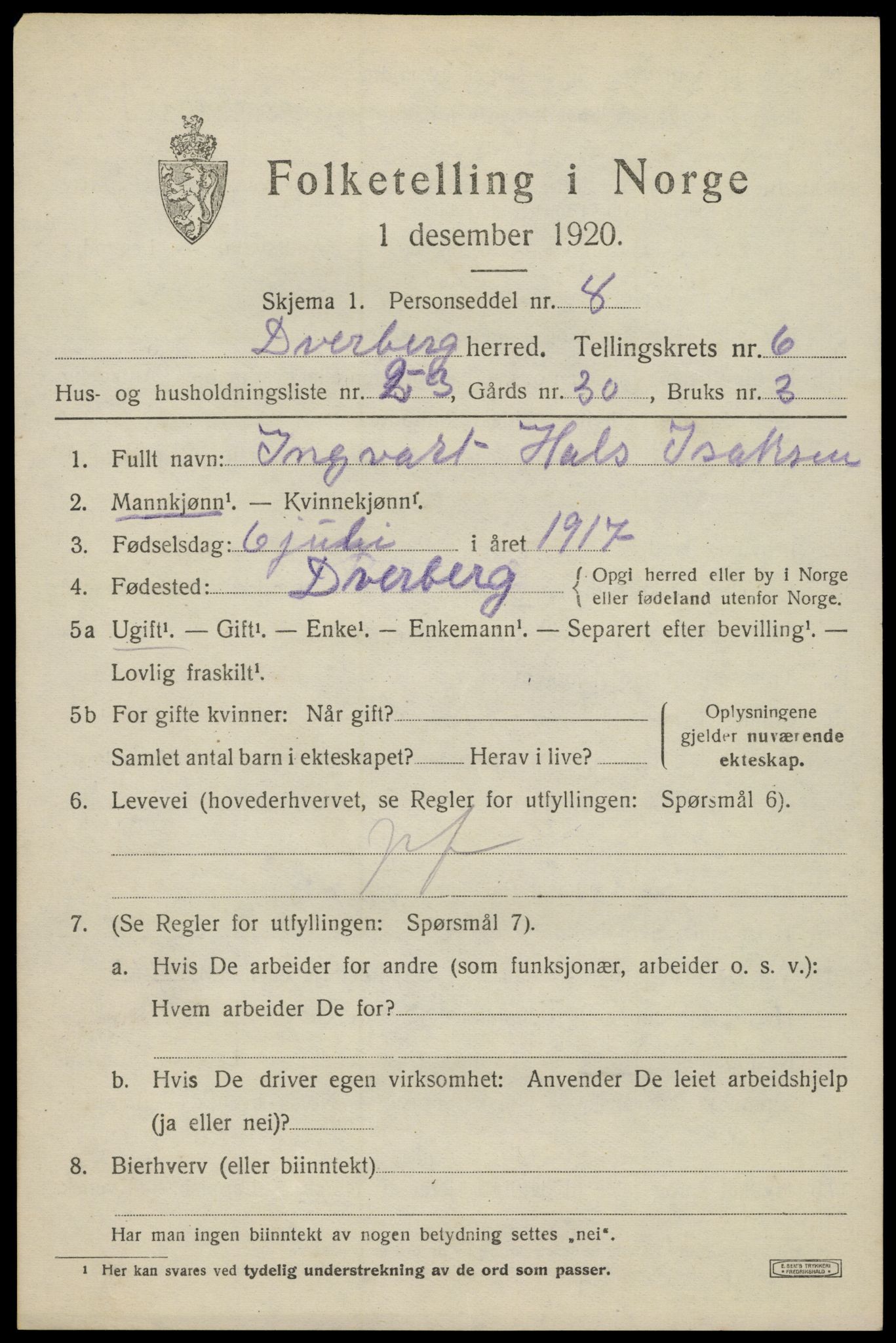 SAT, 1920 census for Dverberg, 1920, p. 6632