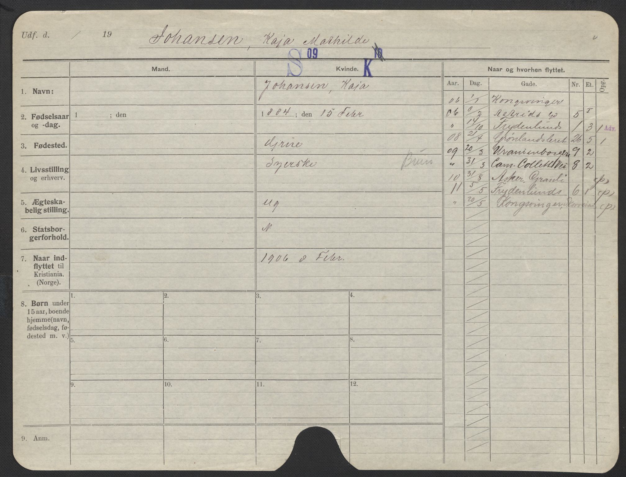 Oslo folkeregister, Registerkort, AV/SAO-A-11715/F/Fa/Fac/L0018: Kvinner, 1906-1914, p. 178a