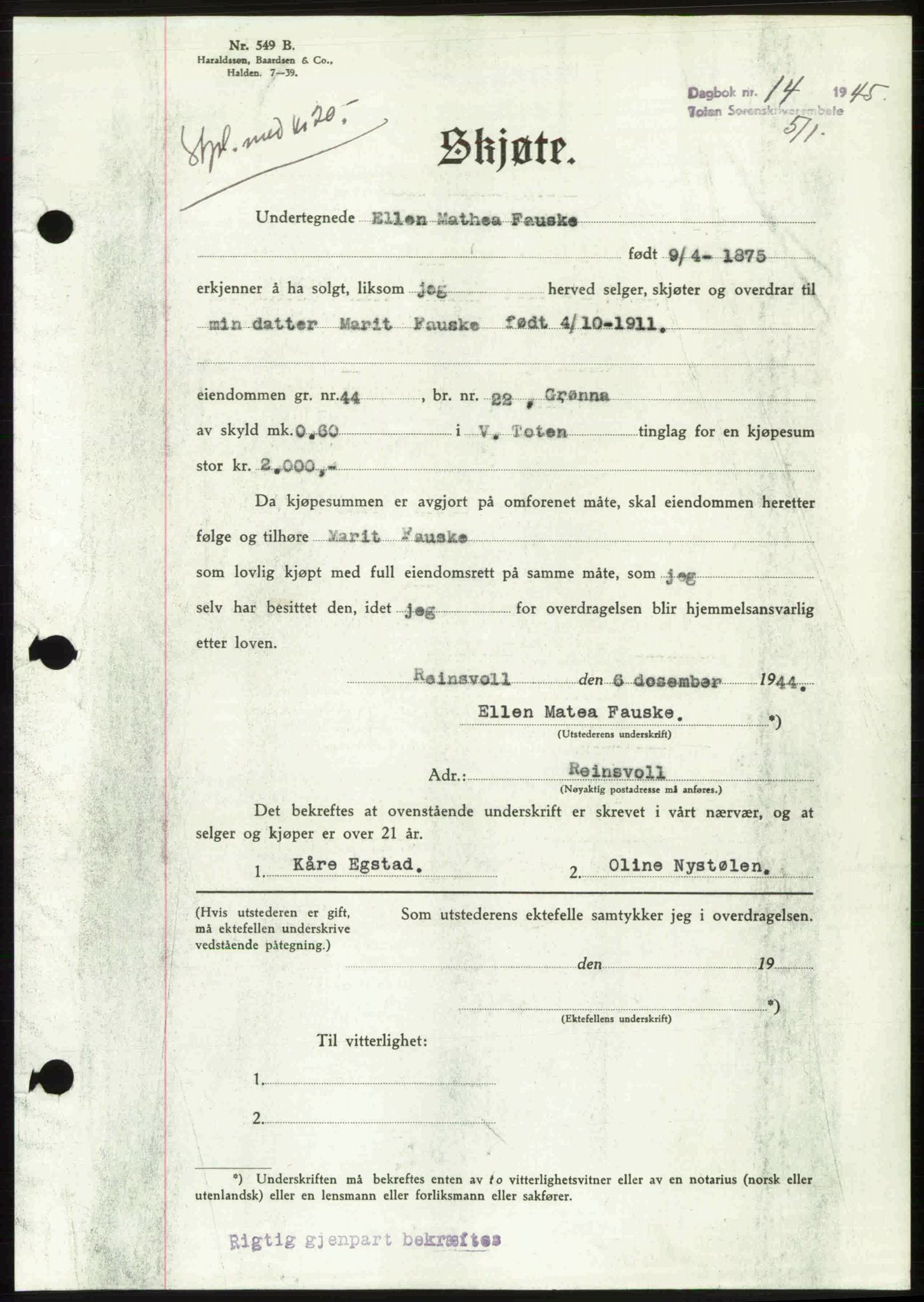 Toten tingrett, SAH/TING-006/H/Hb/Hbc/L0013: Mortgage book no. Hbc-13, 1945-1945, Diary no: : 14/1945