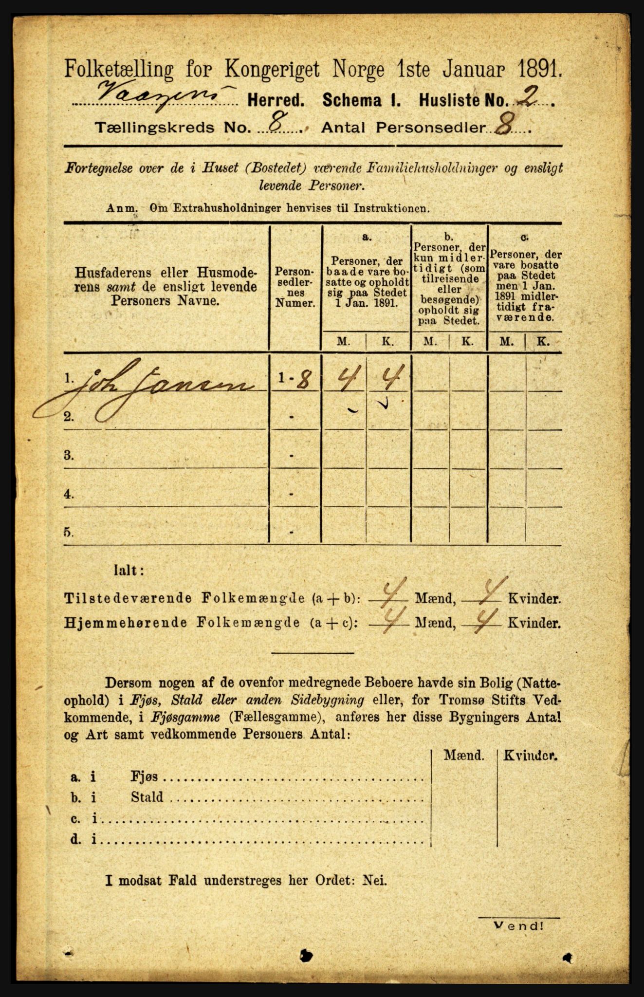 RA, 1891 census for 1865 Vågan, 1891, p. 2075