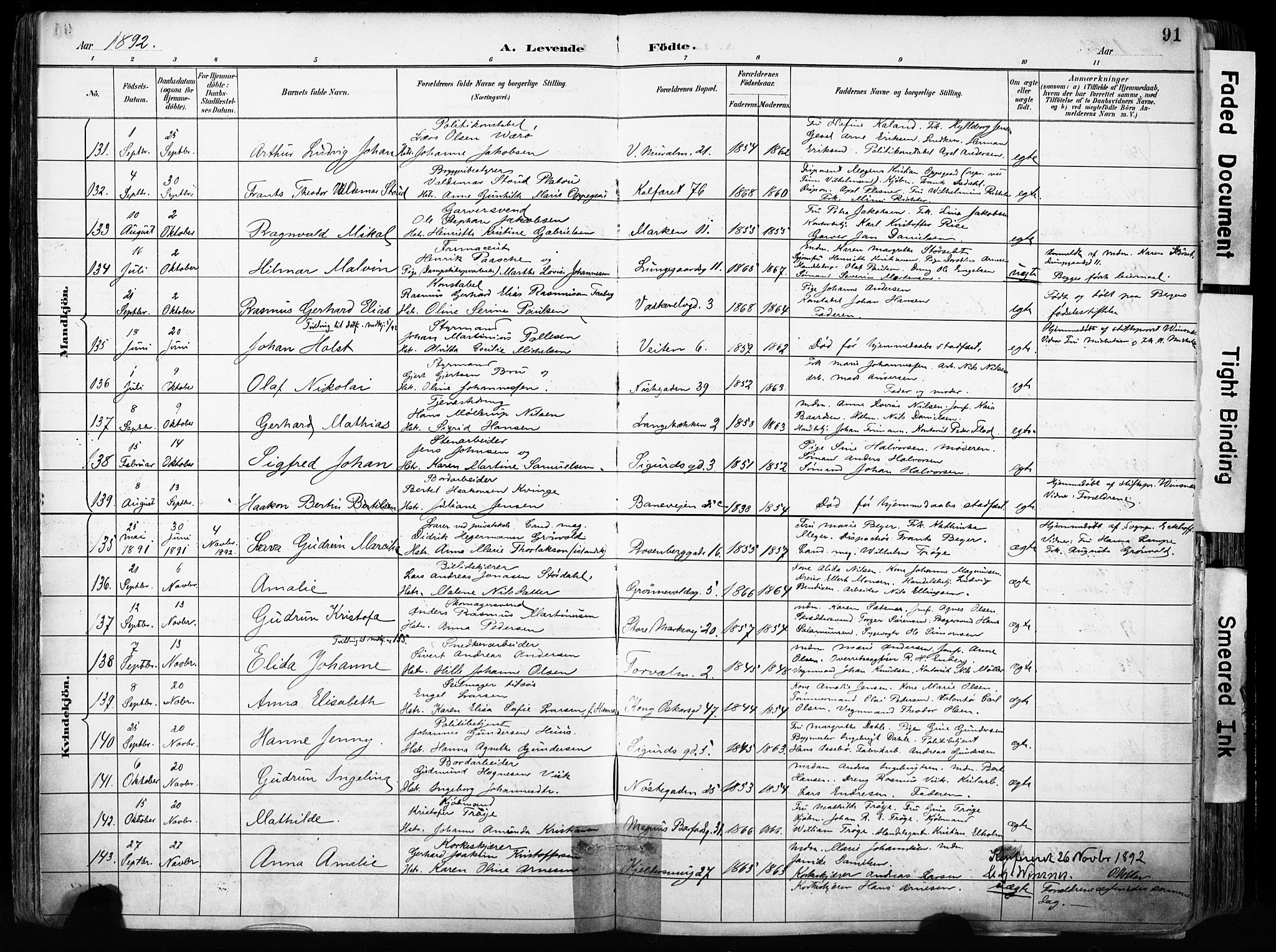 Domkirken sokneprestembete, SAB/A-74801/H/Haa/L0024: Parish register (official) no. B 7, 1888-1903, p. 91
