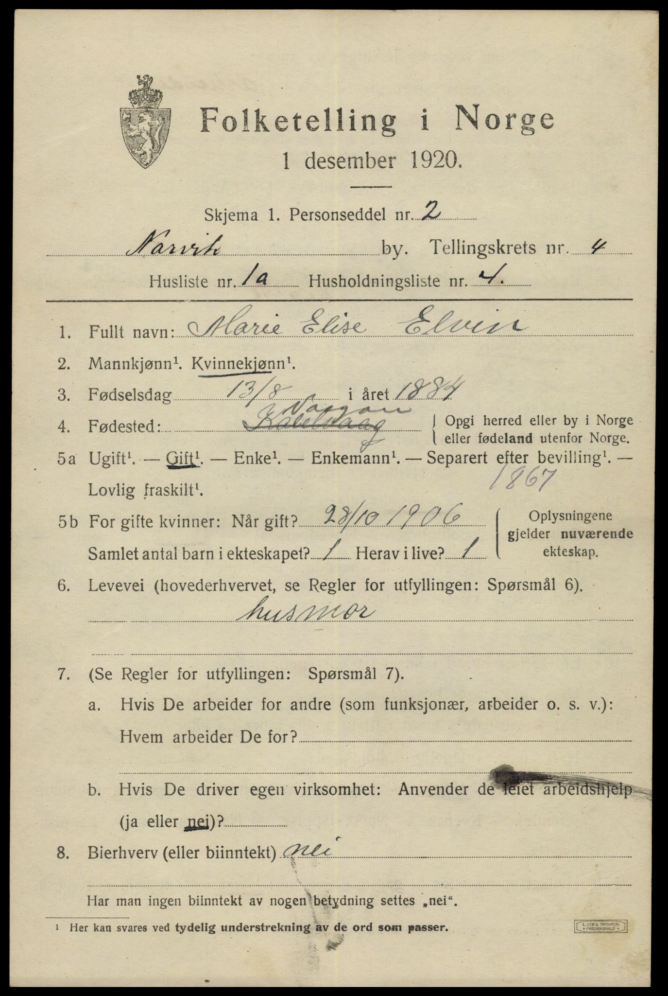 SAT, 1920 census for Narvik, 1920, p. 14308