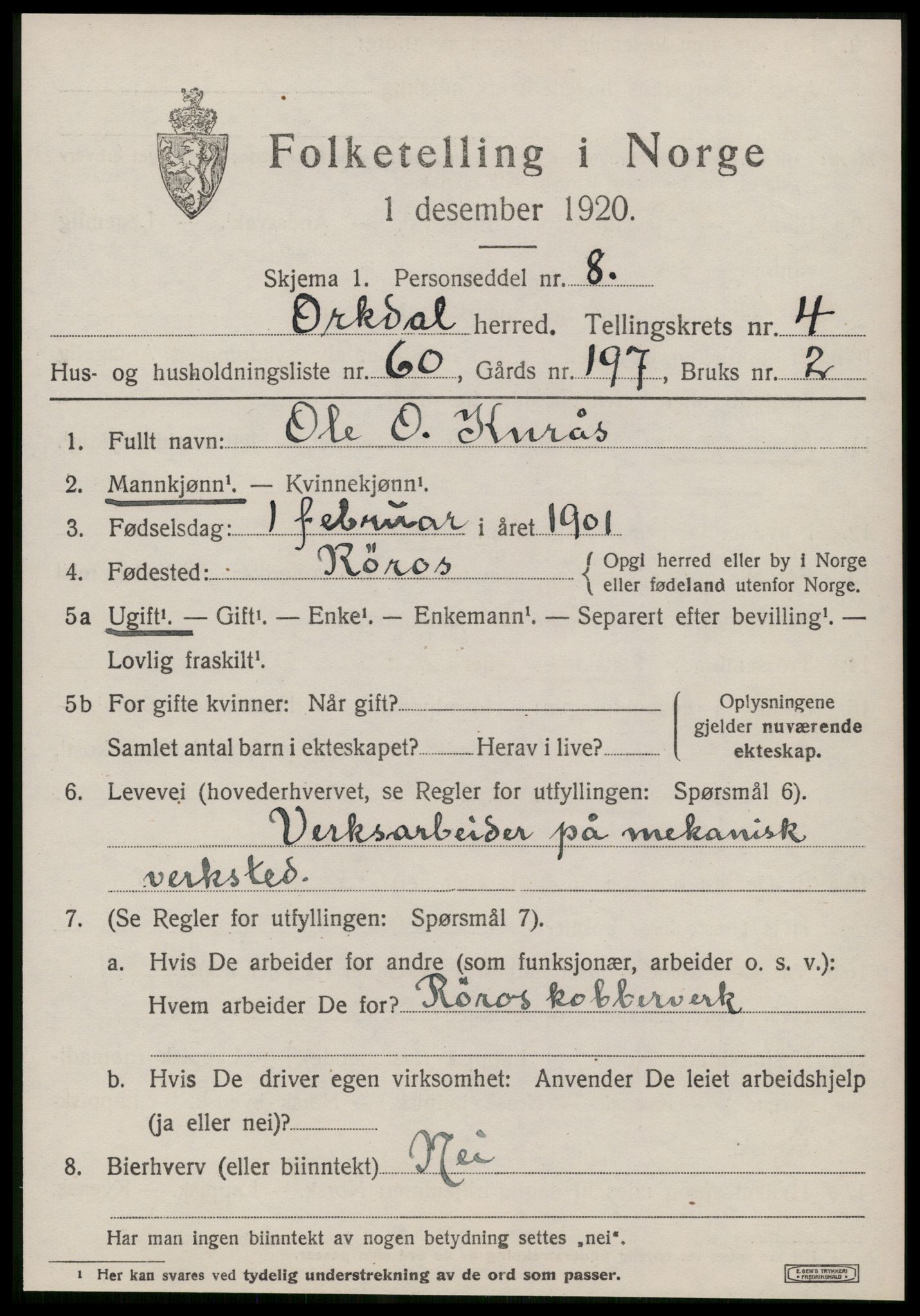 SAT, 1920 census for Orkdal, 1920, p. 4622