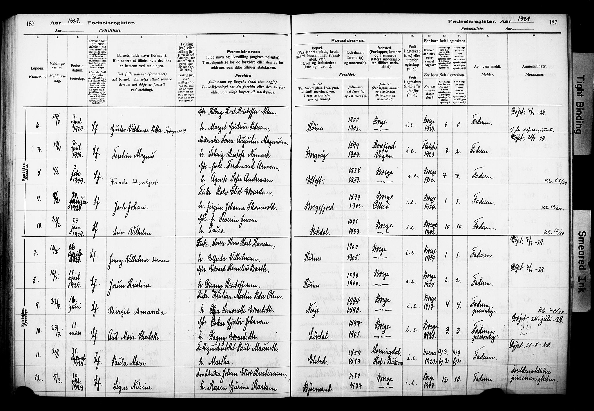 Ministerialprotokoller, klokkerbøker og fødselsregistre - Nordland, SAT/A-1459/880/L1145: Birth register no. 880.II.4.1, 1916-1929, p. 187