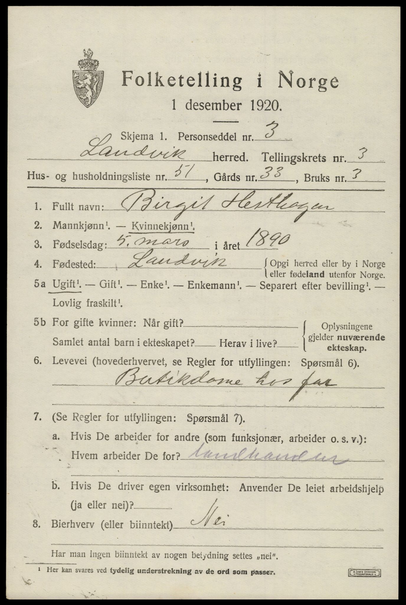 SAK, 1920 census for Landvik, 1920, p. 3394