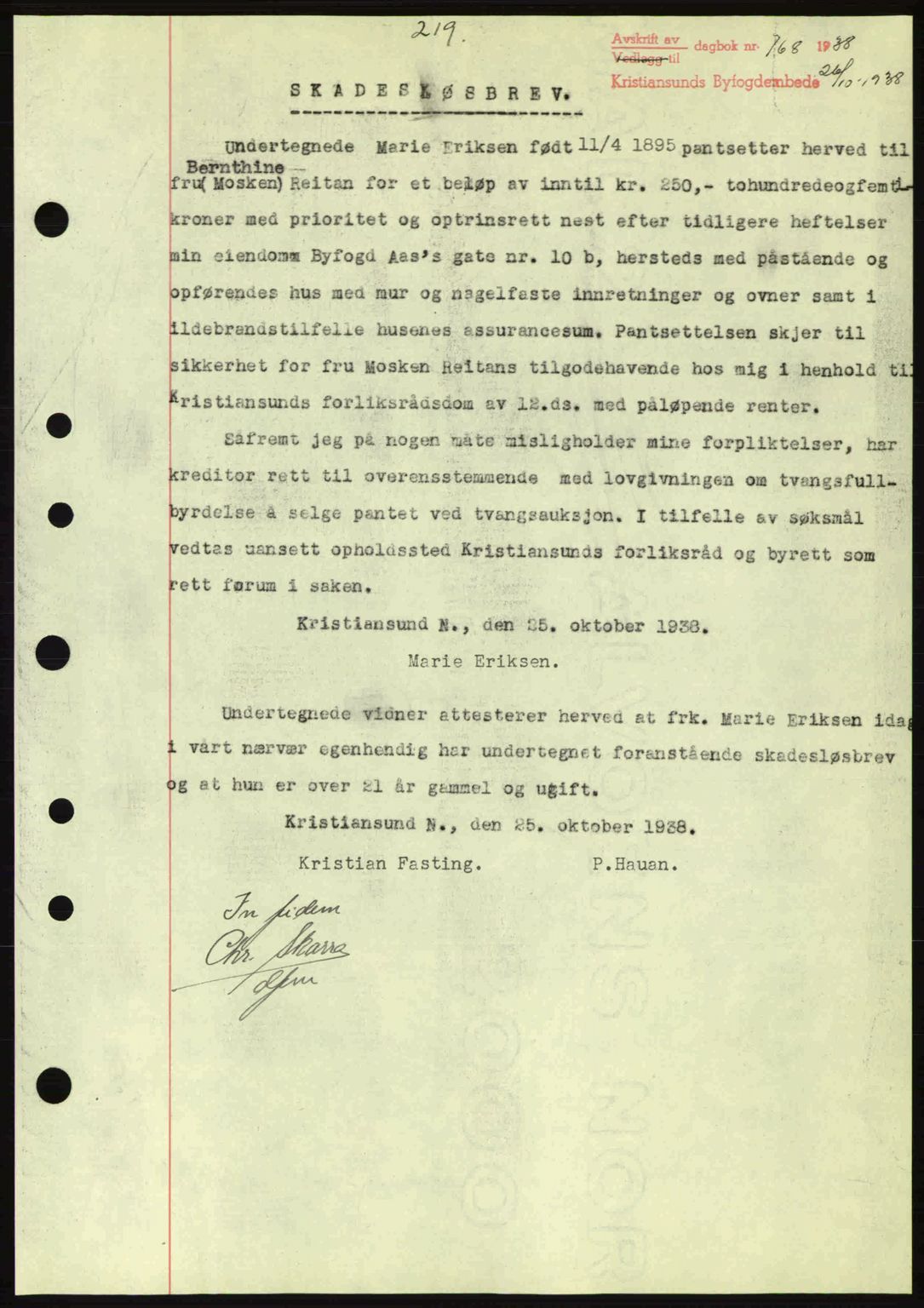 Kristiansund byfogd, SAT/A-4587/A/27: Mortgage book no. 31, 1938-1939, Diary no: : 768/1938