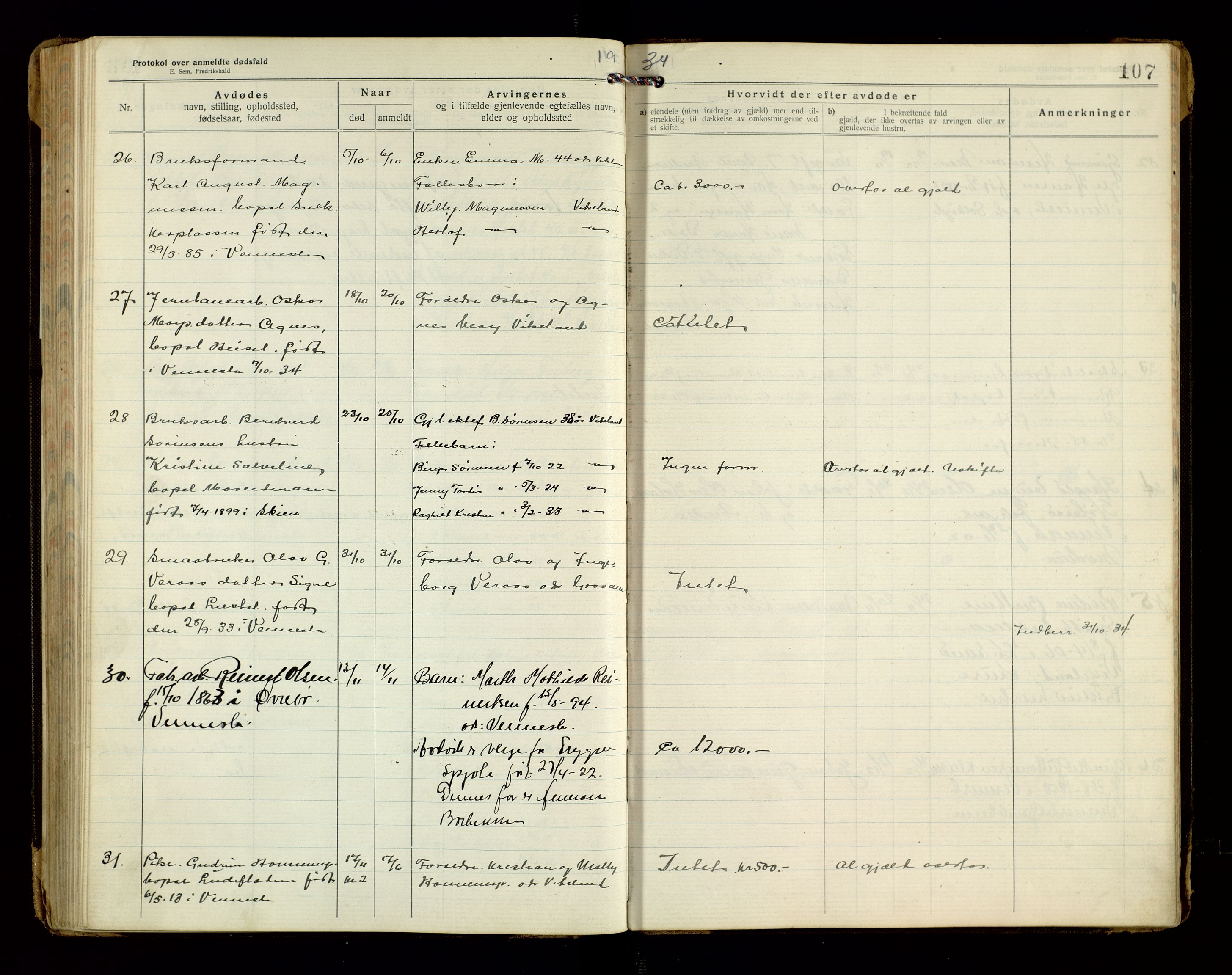 Vennesla og Iveland lensmannskontor, AV/SAK-1241-0050/F/Fe/L0001: Dødsfallsprotokoll nr 7, 1920-1940, p. 107