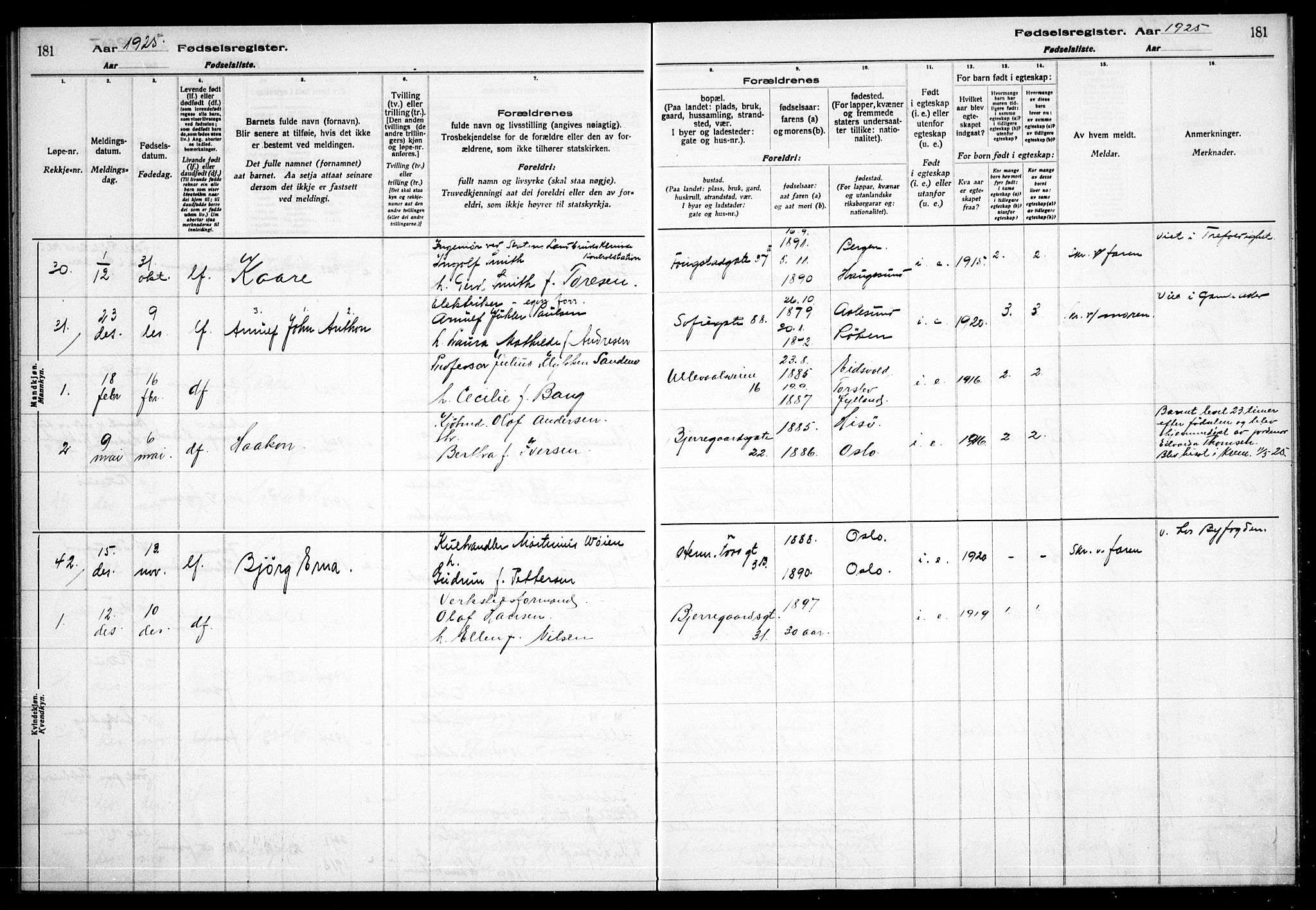 Gamle Aker prestekontor Kirkebøker, AV/SAO-A-10617a/J/L0001: Birth register no. 1, 1916-1927, p. 181