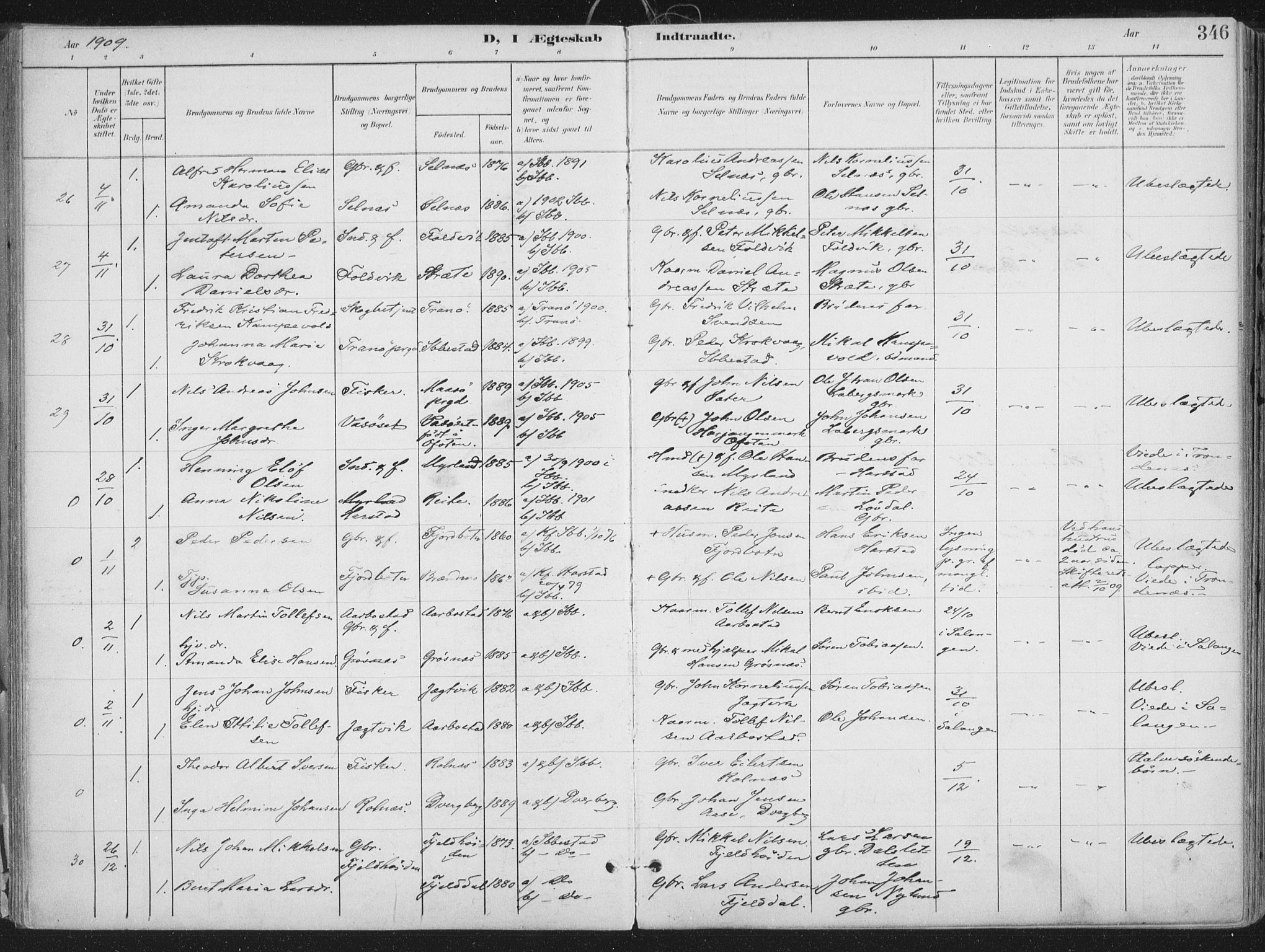 Ibestad sokneprestembete, SATØ/S-0077/H/Ha/Haa/L0017kirke: Parish register (official) no. 17, 1901-1914, p. 346