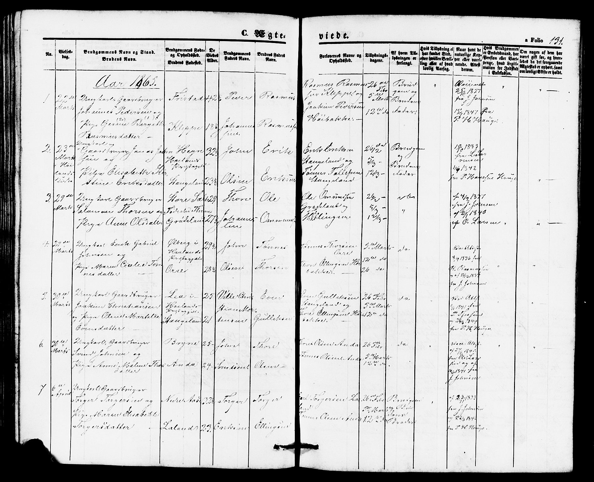 Klepp sokneprestkontor, AV/SAST-A-101803/001/3/30BB/L0002: Parish register (copy) no. B 2, 1860-1875, p. 131