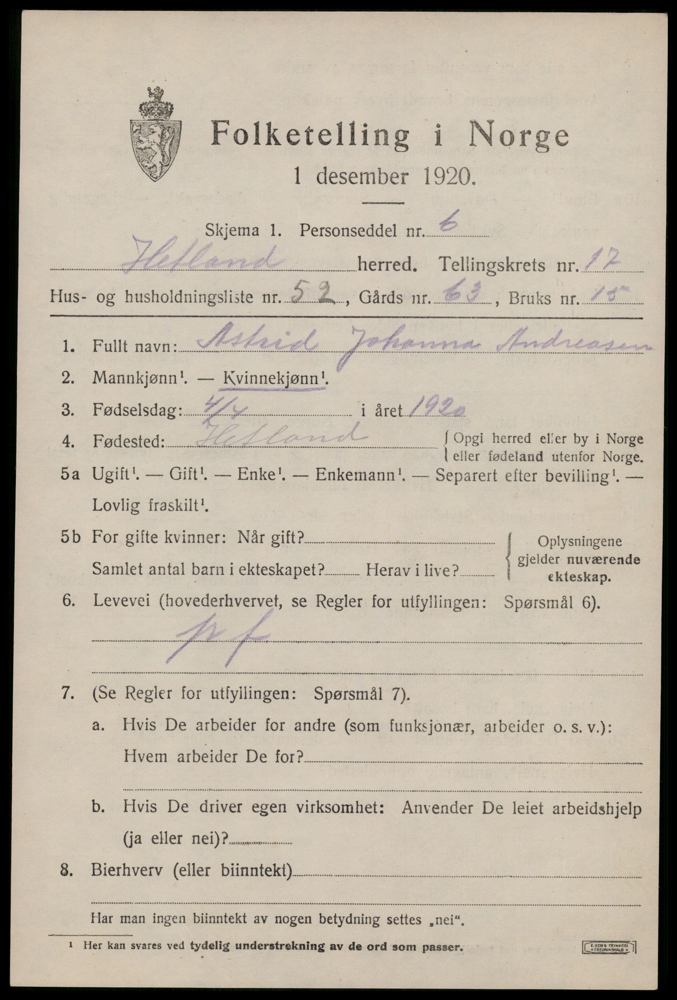 SAST, 1920 census for Hetland, 1920, p. 25103