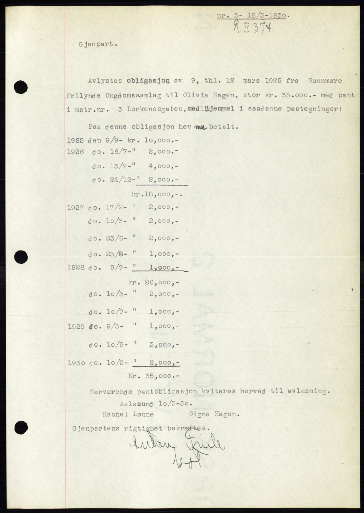 Ålesund byfogd, AV/SAT-A-4384: Mortgage book no. 26, 1930-1930, Deed date: 18.03.1930