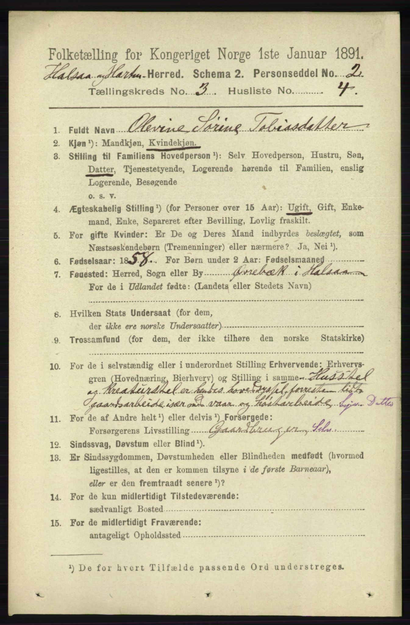 RA, 1891 census for 1019 Halse og Harkmark, 1891, p. 1020