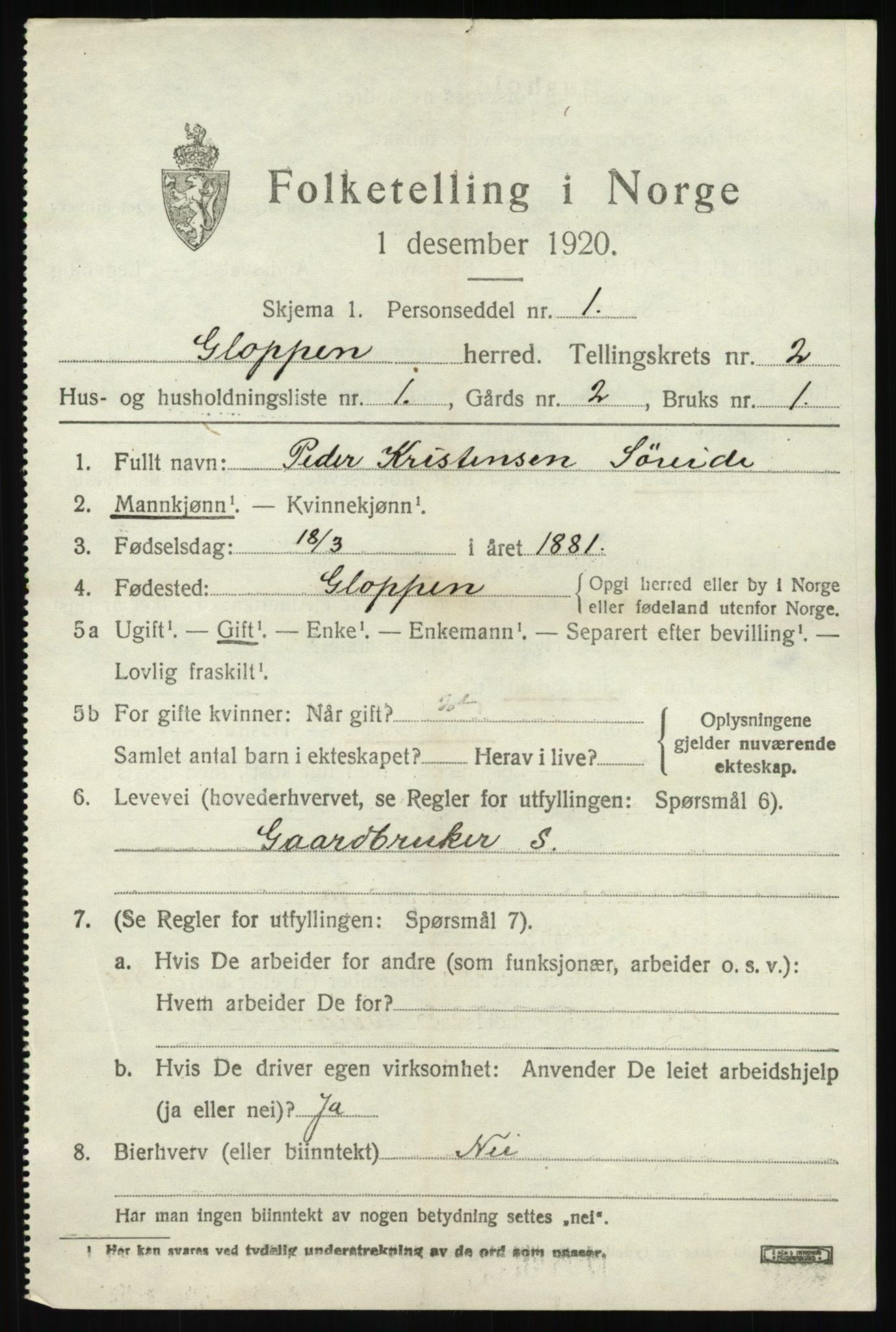 SAB, 1920 census for Gloppen, 1920, p. 1232