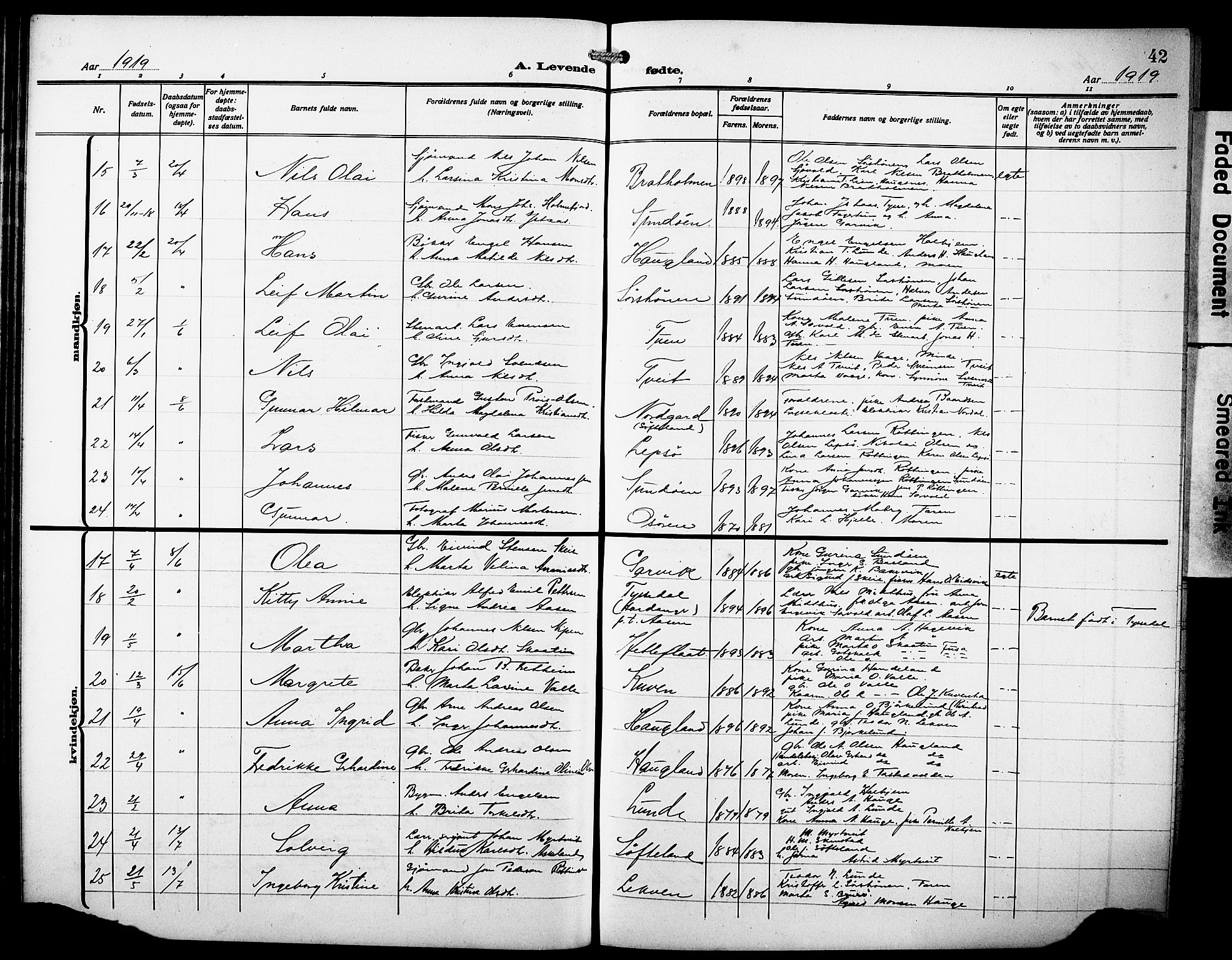 Os sokneprestembete, AV/SAB-A-99929: Parish register (copy) no. A 4, 1914-1923, p. 42