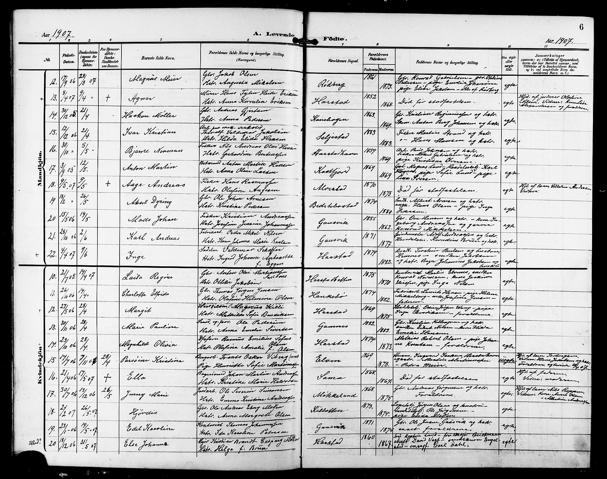 Trondenes sokneprestkontor, AV/SATØ-S-1319/H/Hb/L0012klokker: Parish register (copy) no. 12, 1907-1916, p. 6