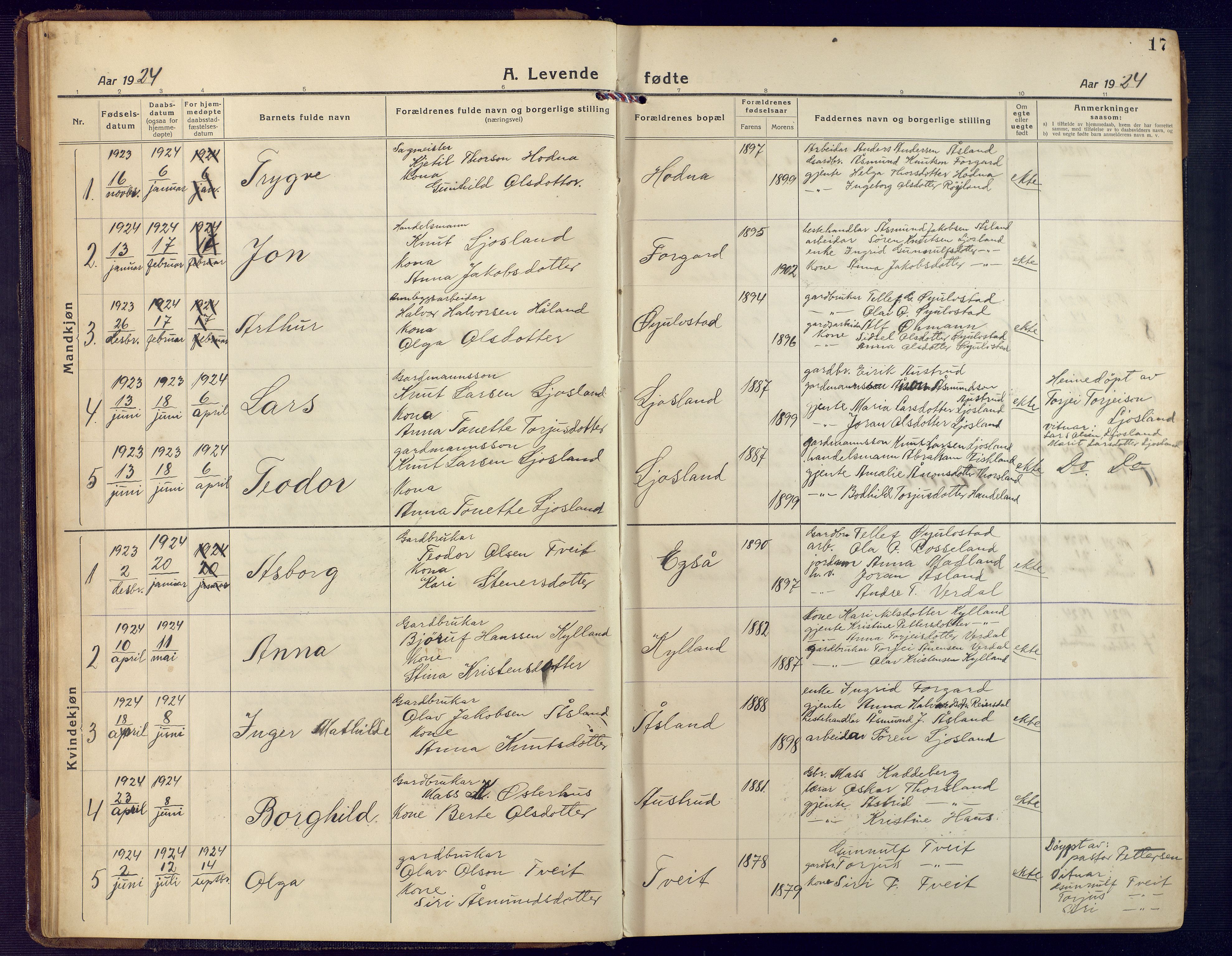 Åseral sokneprestkontor, AV/SAK-1111-0051/F/Fb/L0004: Parish register (copy) no. B 4, 1920-1946, p. 17