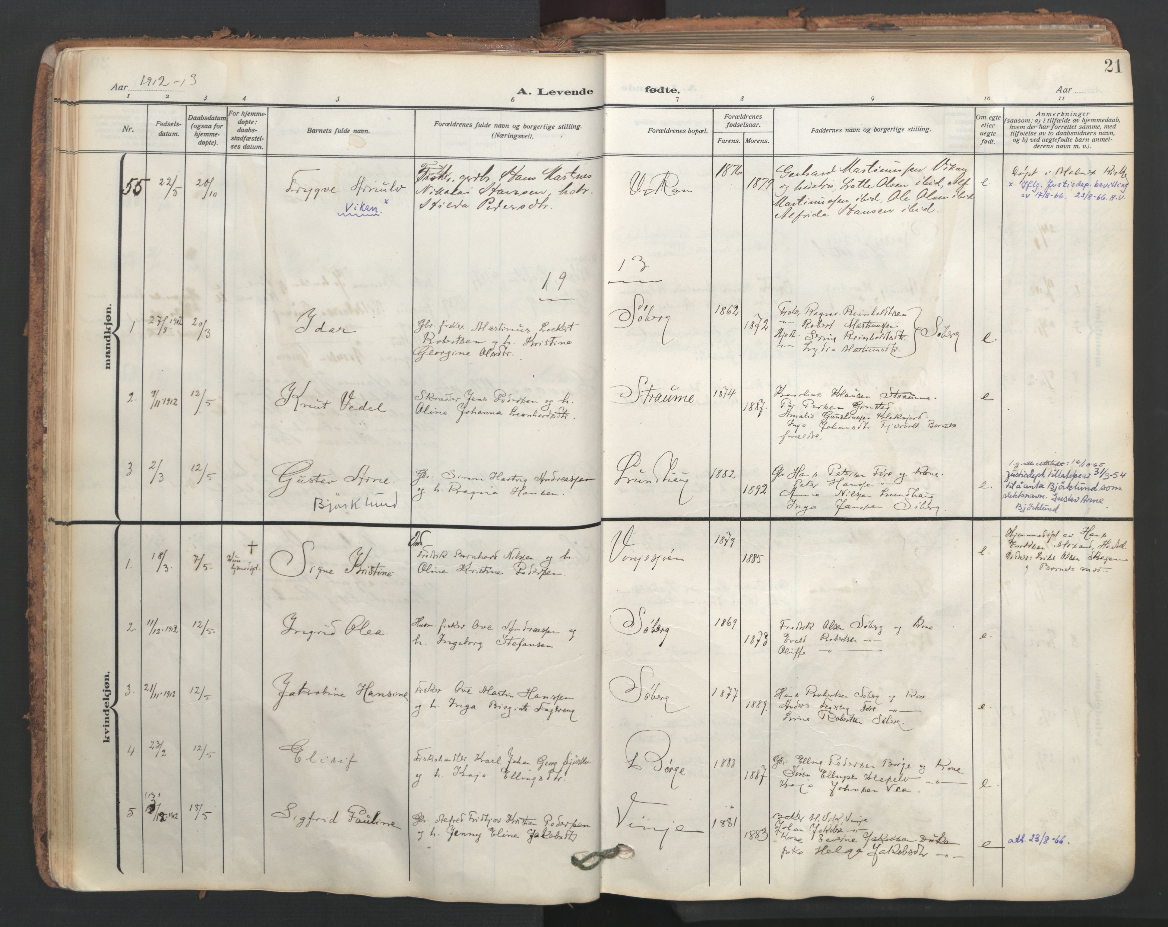 Ministerialprotokoller, klokkerbøker og fødselsregistre - Nordland, SAT/A-1459/891/L1306: Parish register (official) no. 891A11, 1911-1927, p. 21