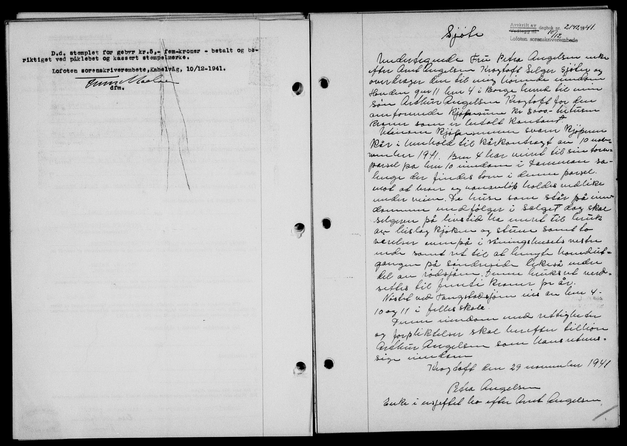 Lofoten sorenskriveri, SAT/A-0017/1/2/2C/L0009a: Mortgage book no. 9a, 1941-1942, Diary no: : 2142/1941