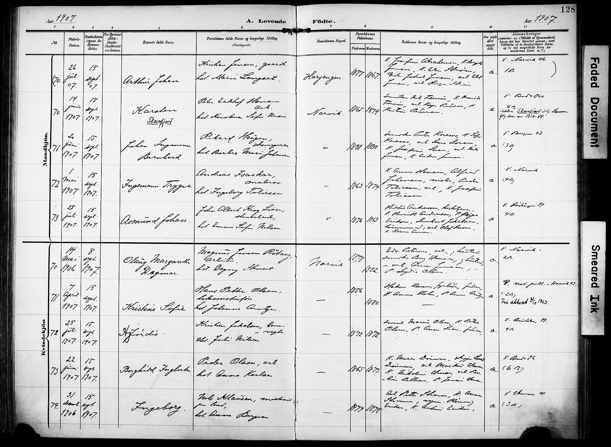 Ministerialprotokoller, klokkerbøker og fødselsregistre - Nordland, SAT/A-1459/871/L0994: Parish register (official) no. 871A10, 1902-1910, p. 128