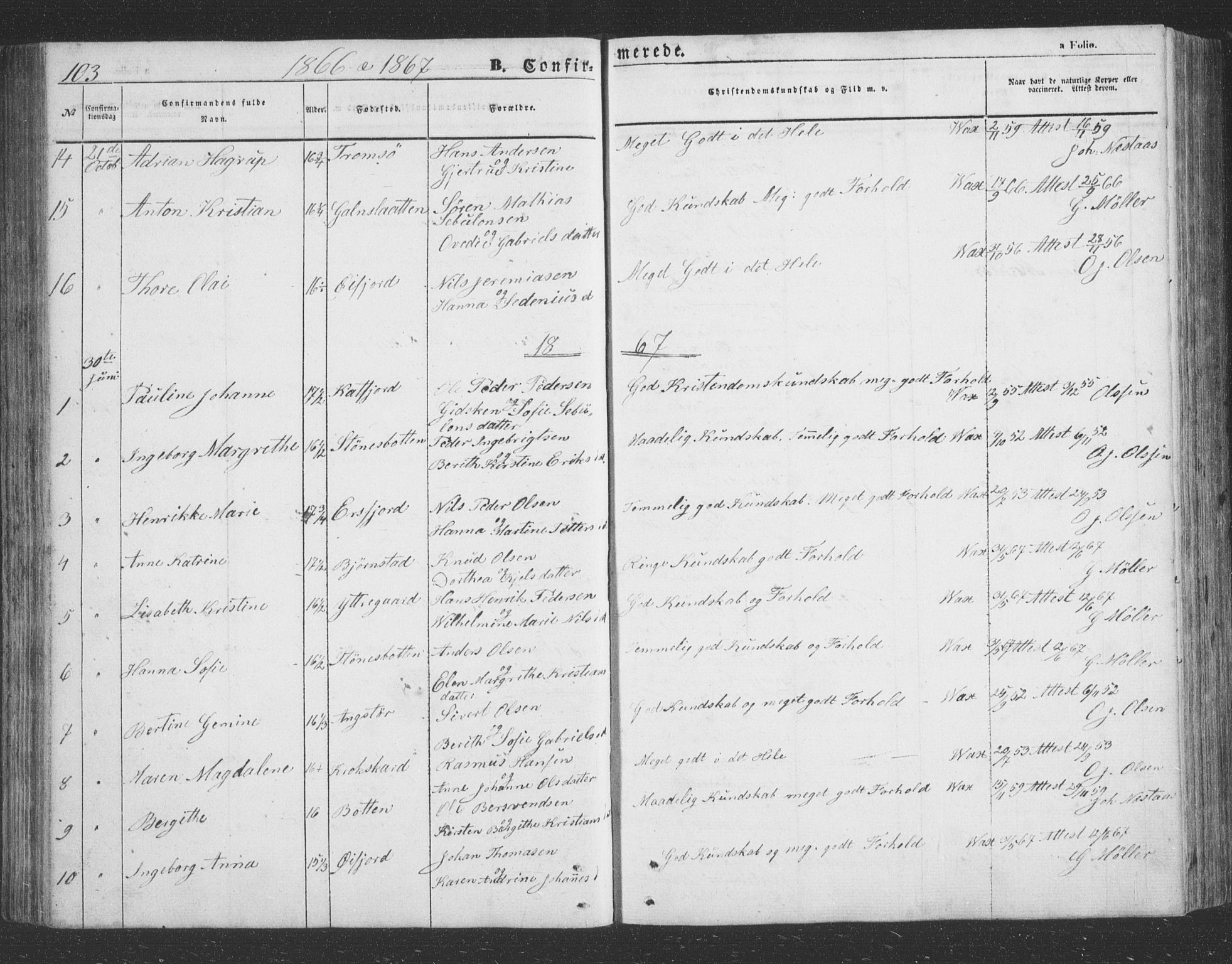 Lenvik sokneprestembete, SATØ/S-1310/H/Ha/Hab/L0020klokker: Parish register (copy) no. 20, 1855-1883, p. 103