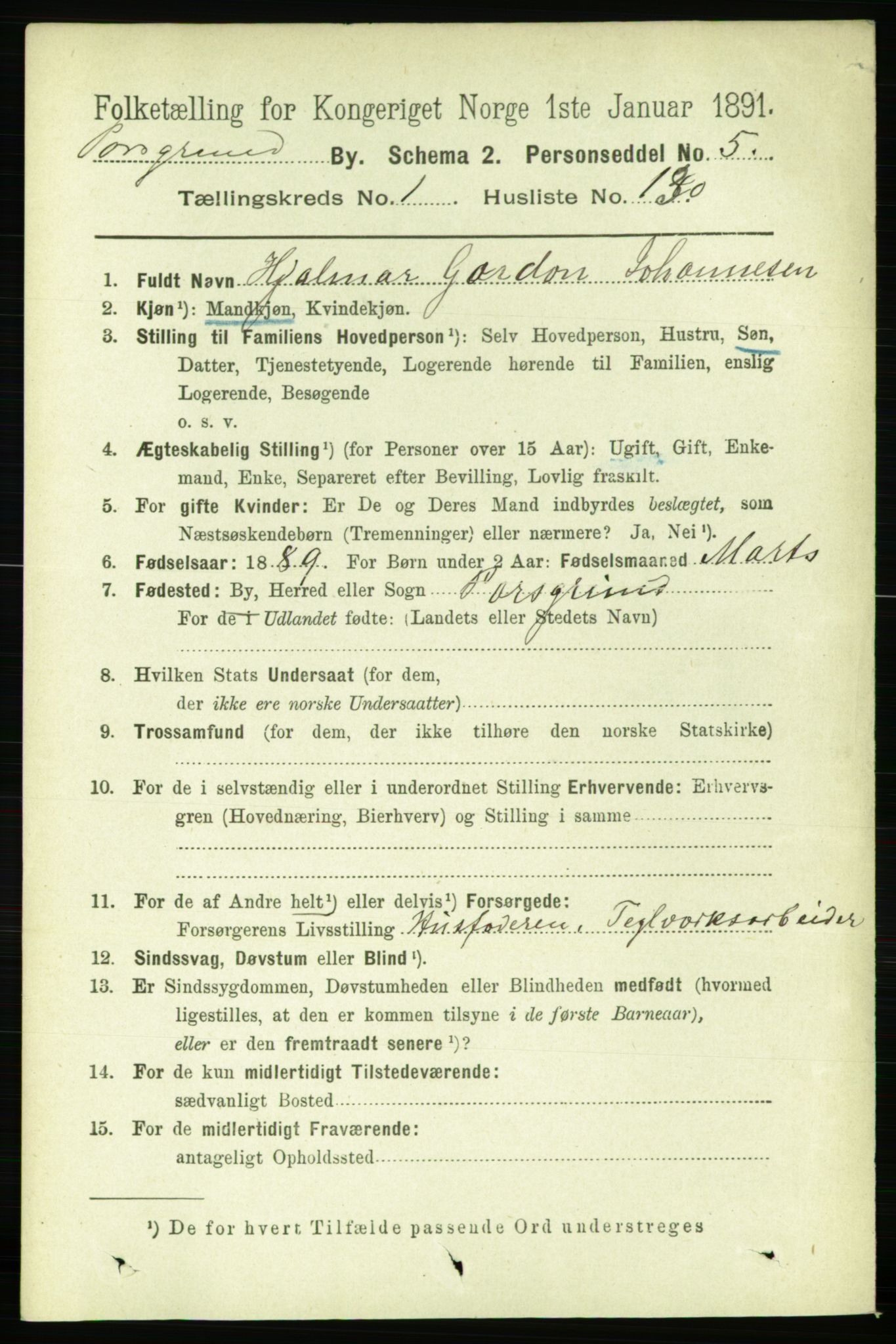 RA, 1891 census for 0805 Porsgrunn, 1891, p. 2124