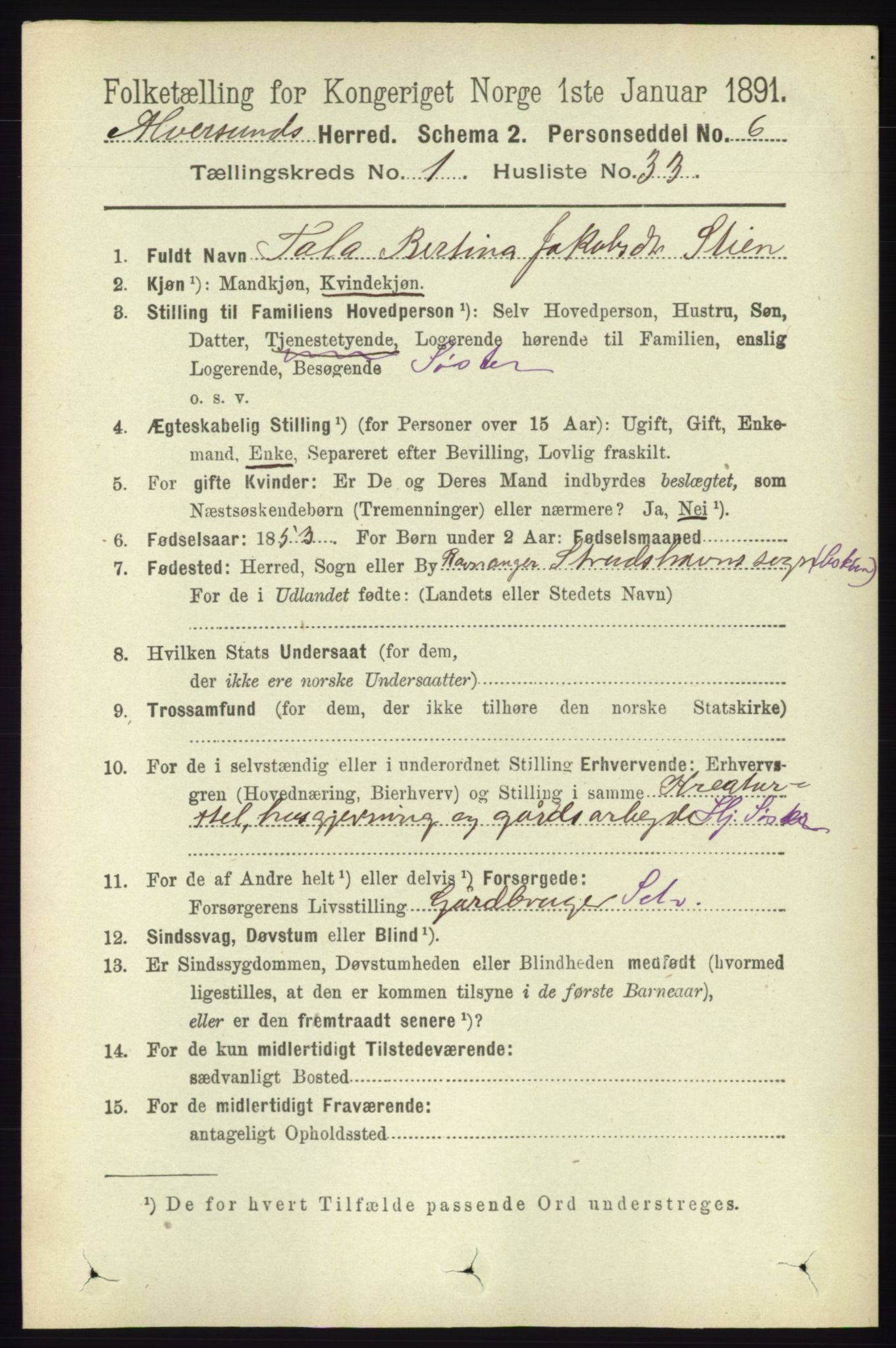 RA, 1891 census for 1257 Alversund, 1891, p. 281