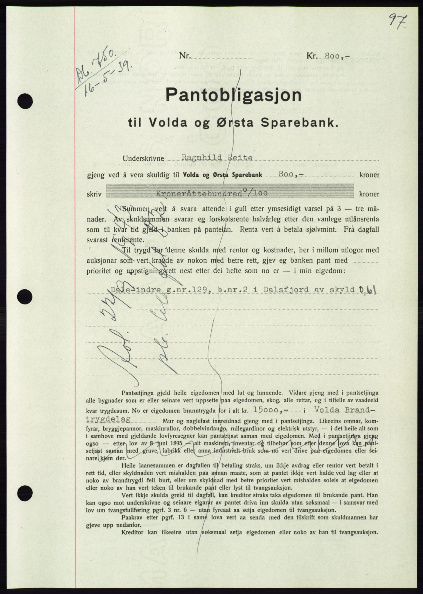 Søre Sunnmøre sorenskriveri, AV/SAT-A-4122/1/2/2C/L0068: Mortgage book no. 62, 1939-1939, Diary no: : 750/1939