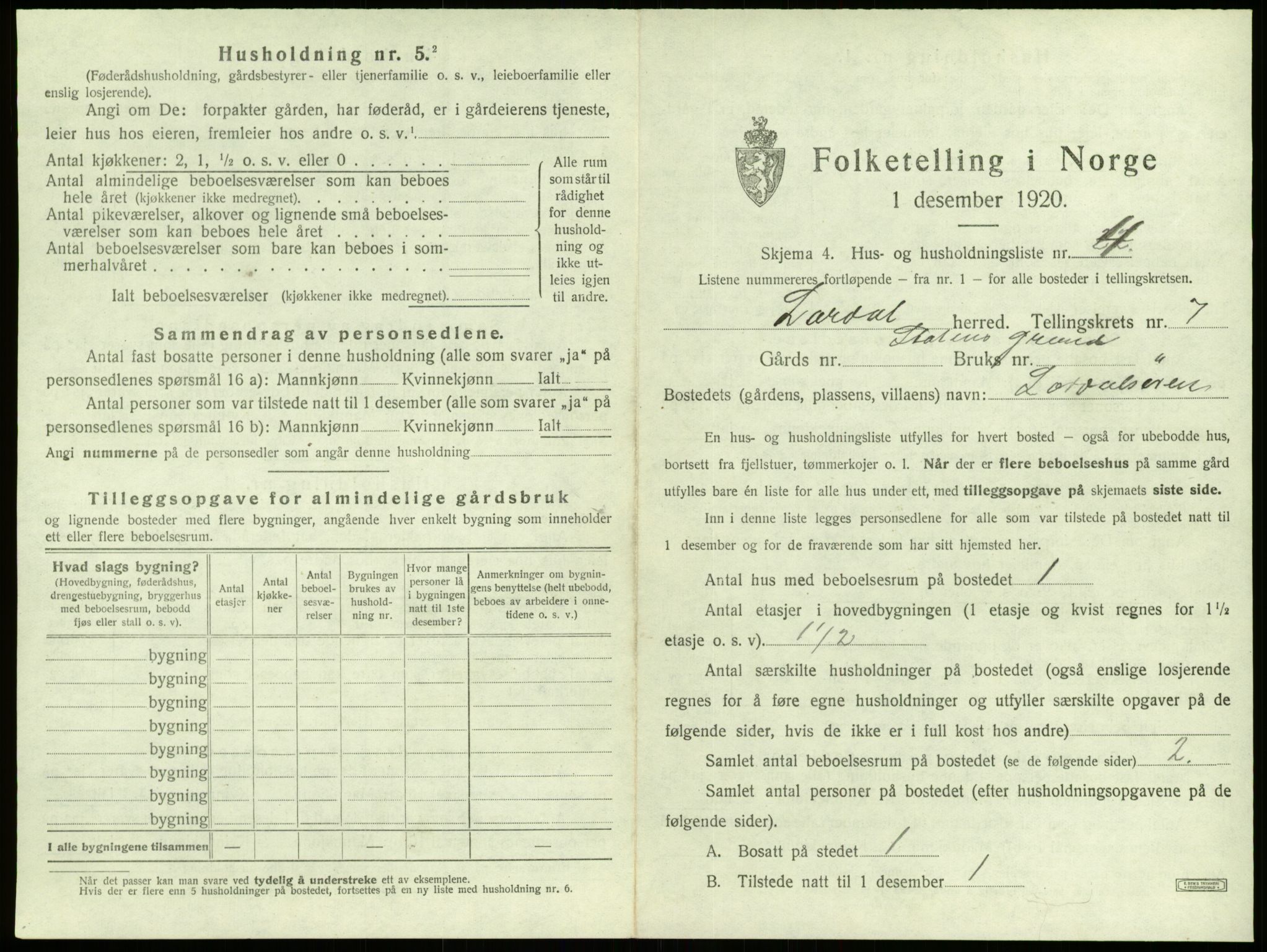 SAB, 1920 census for Lærdal, 1920, p. 537