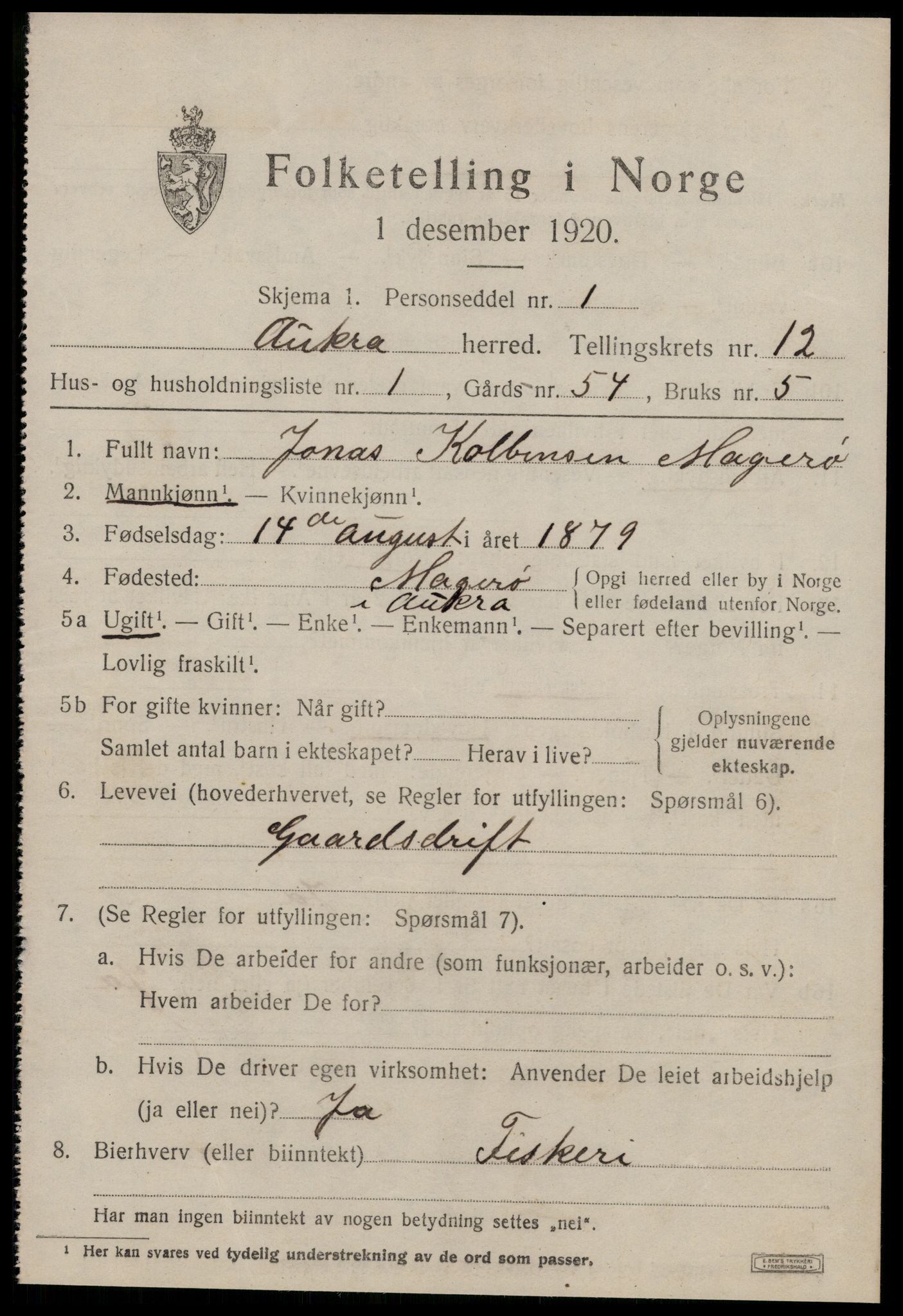 SAT, 1920 census for Aukra, 1920, p. 5411