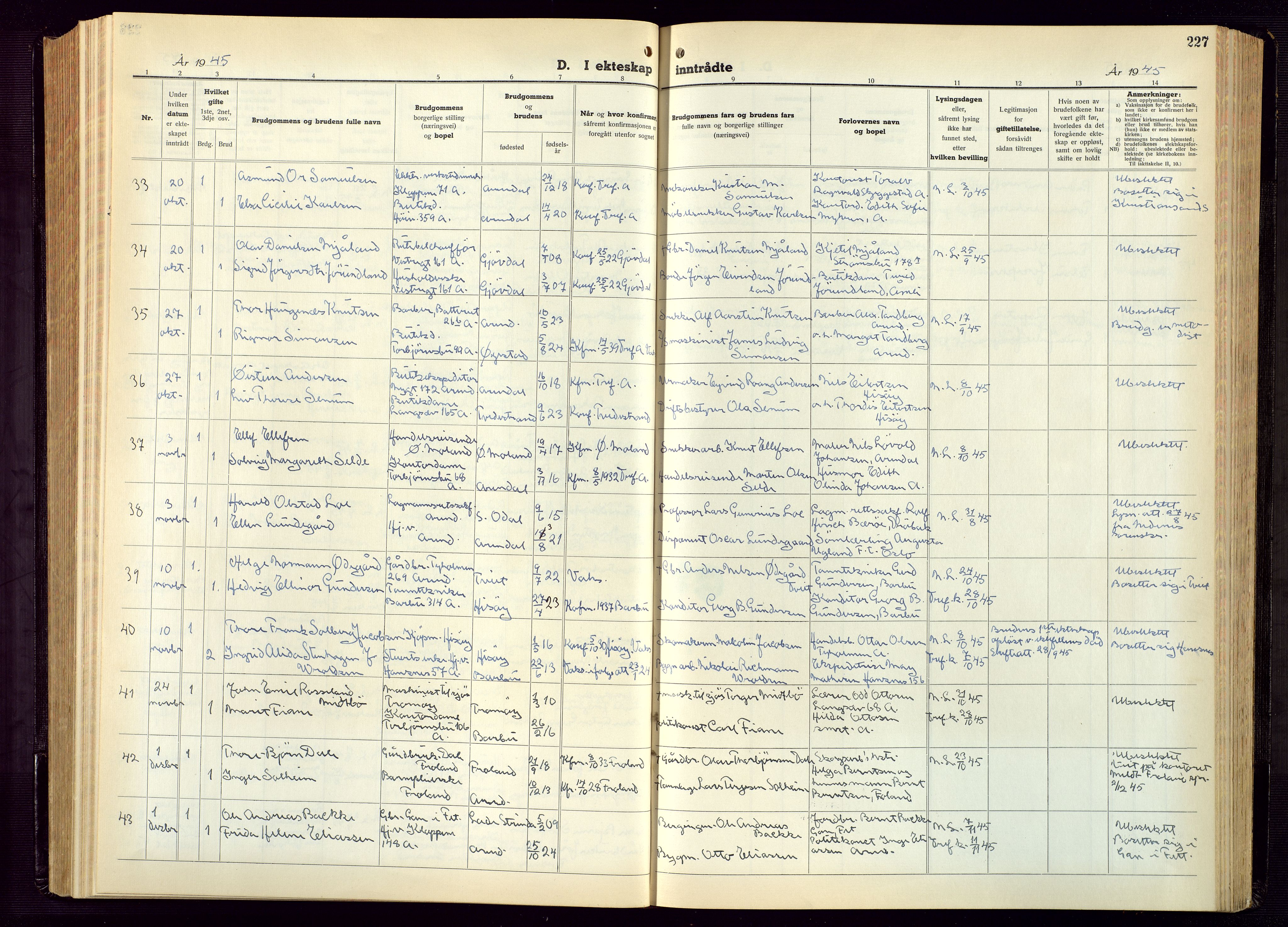 Arendal sokneprestkontor, Trefoldighet, AV/SAK-1111-0040/F/Fb/L0009: Parish register (copy) no. B 9, 1940-1949, p. 227