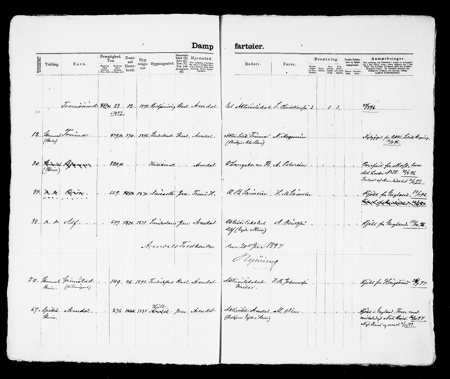 Arendal tollsted, AV/SAK-1351-0003/H/Ha/L0903: Fortegnelse og spesifikasjoner over fartøyer hjemmehørende i Arendal tolldistrikt, 1823-1915, p. 256