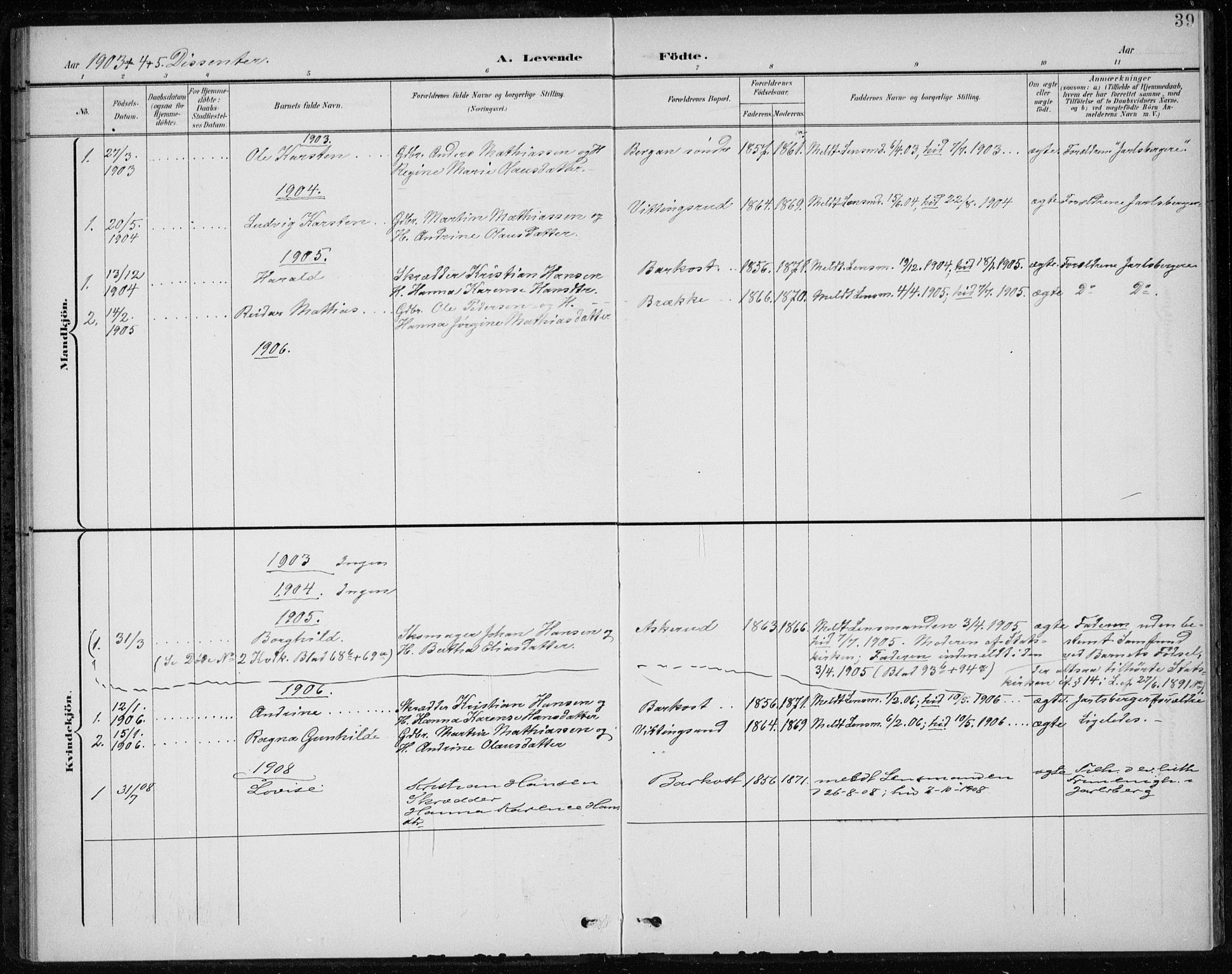 Botne kirkebøker, SAKO/A-340/F/Fb/L0002: Parish register (official) no. II 2, 1902-1915, p. 39